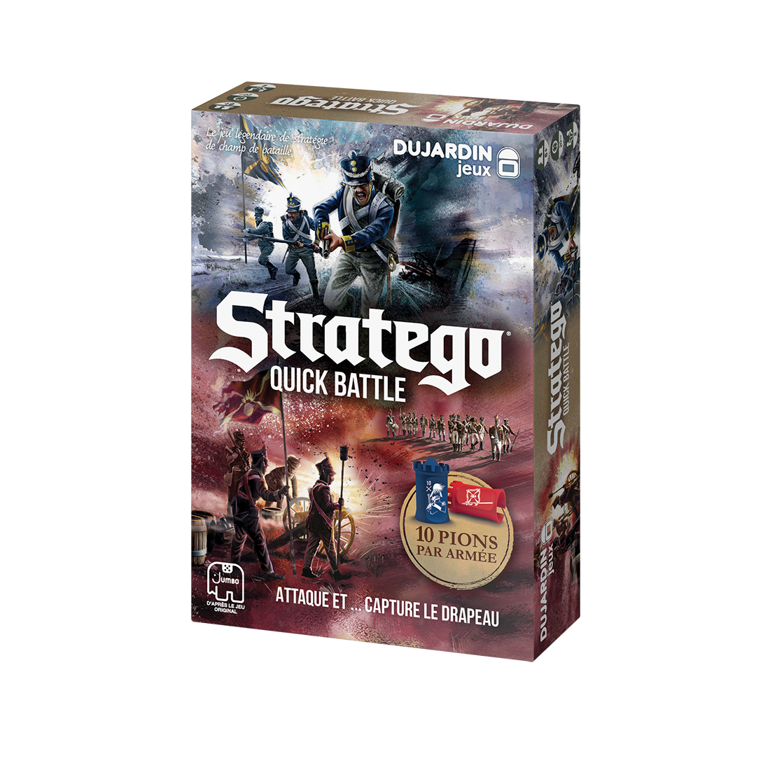 Stratego Quick Battle game box. Soldiers in a battle scene. Text includes 'Quick Battle', 'Attack and Capture the Flag'.