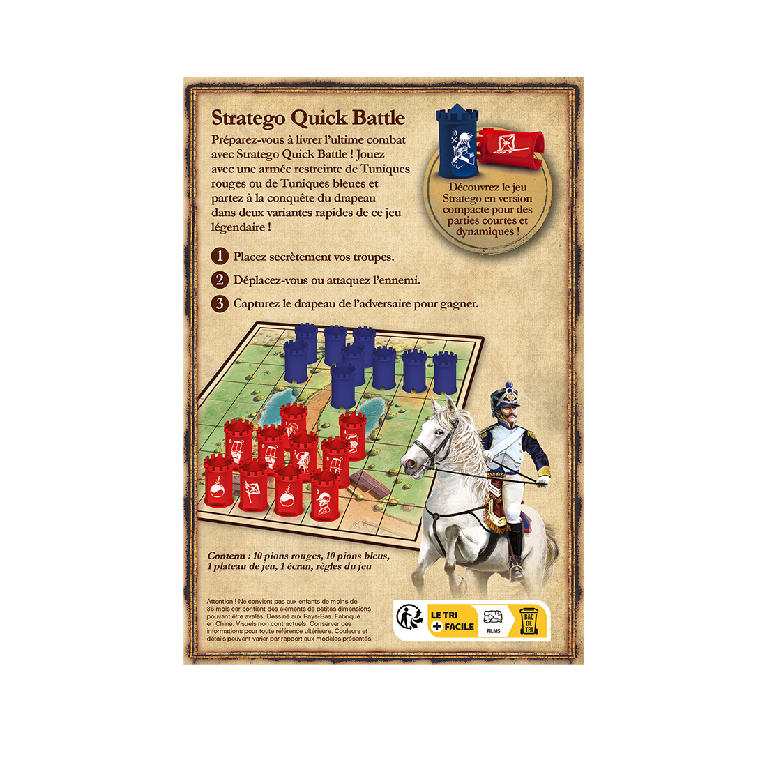 Stratego Quick Battle game box. Red and blue armies on a board. A soldier on a white horse.