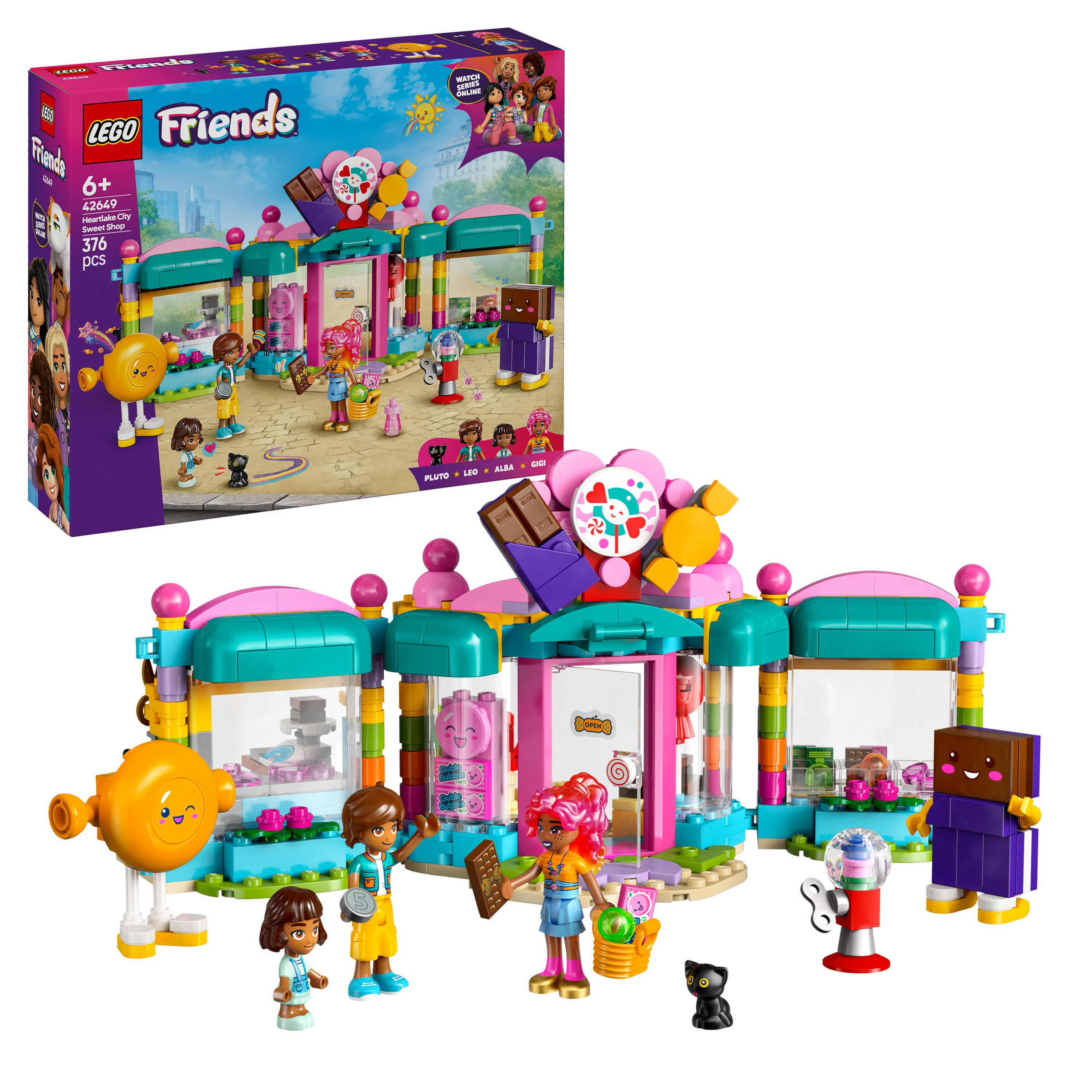 Zestaw LEGO Friends przedstawia sklep ze słodyczami z minifigurkami i pudełkiem. Sklep ma kolory różowy, turkusowy i żółty.