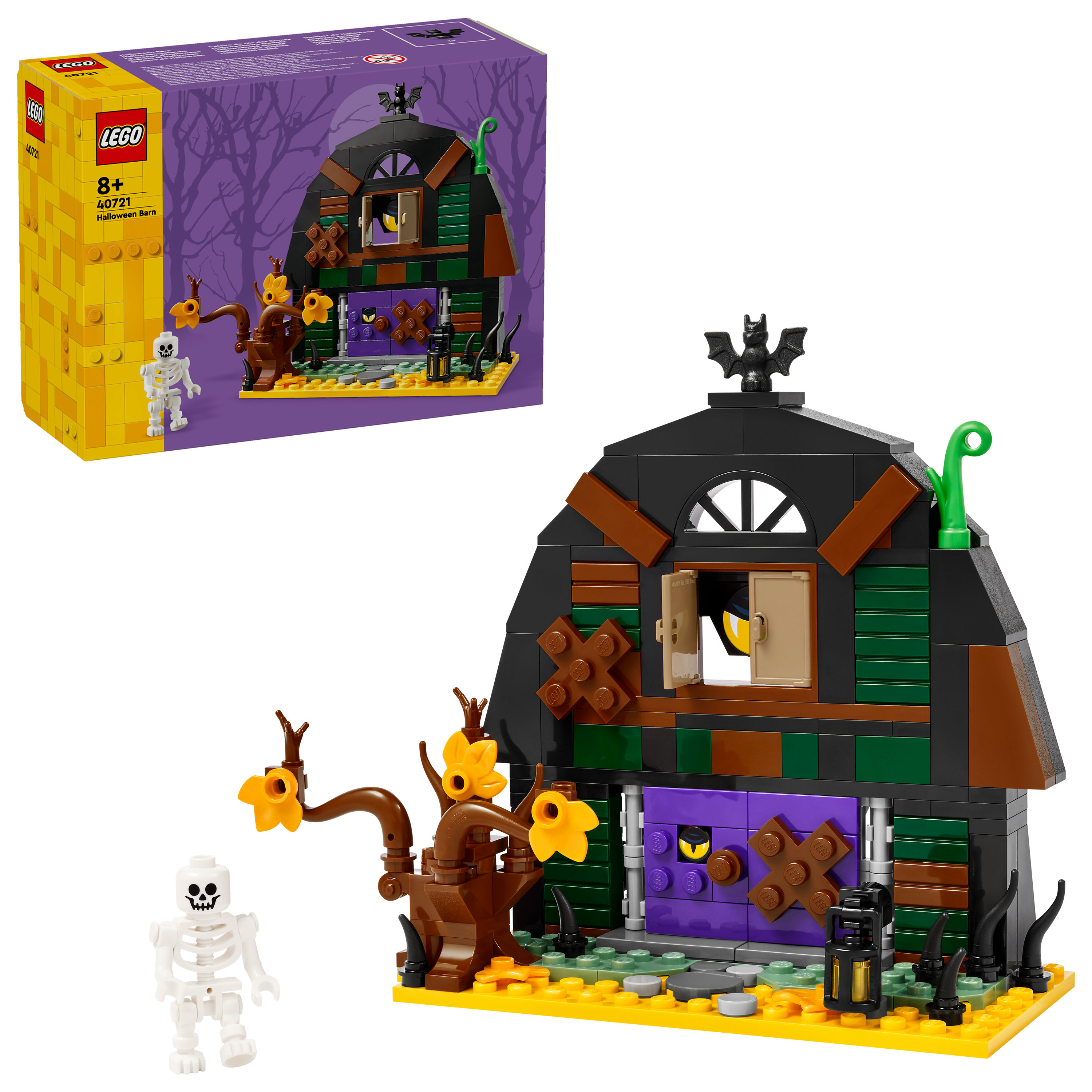 Zestaw Lego Halloween Barn. Zestaw zawiera stodołę, figurkę szkieletu i drzewo z pomarańczowymi liśćmi. Stodoła jest czarna i zielona.