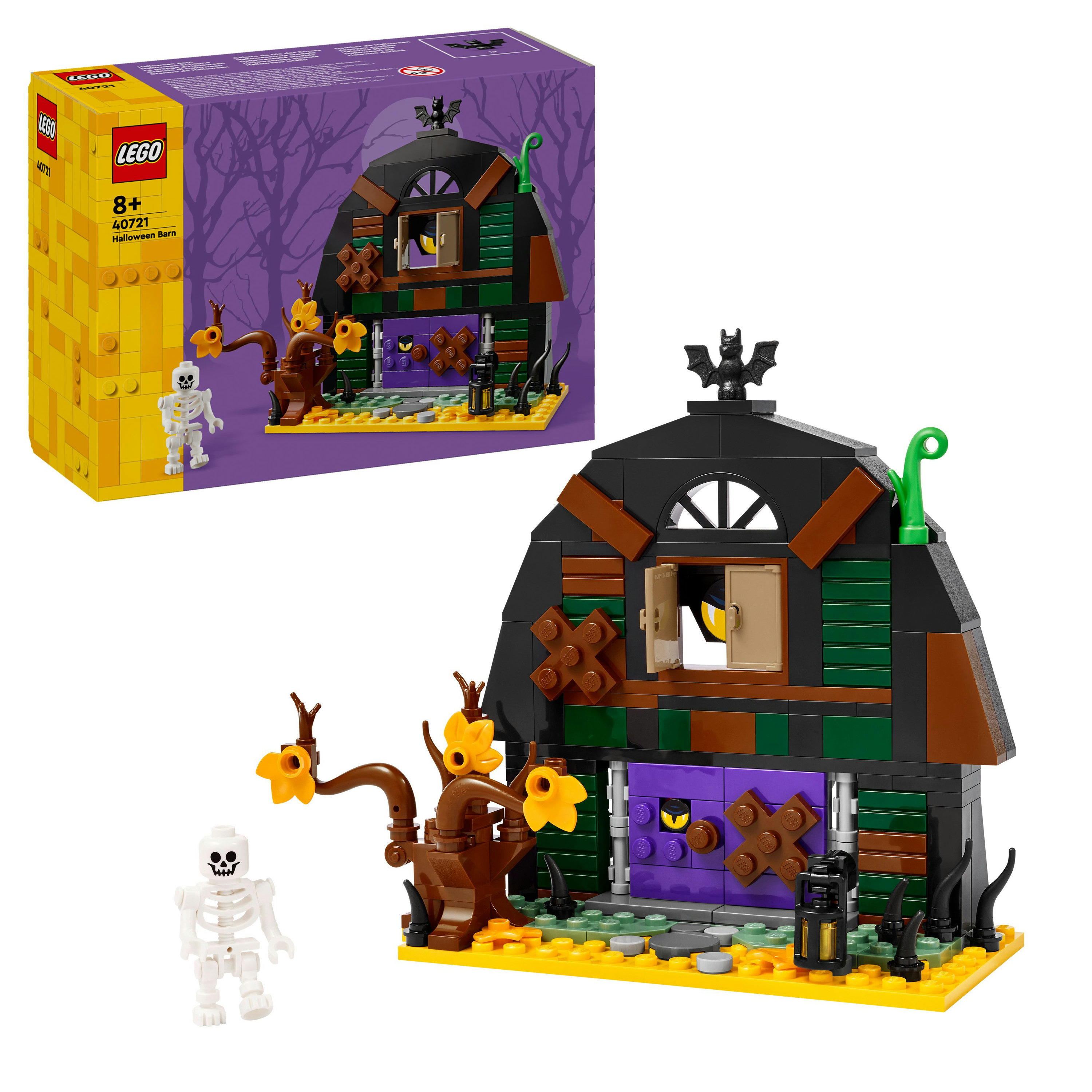 Zestaw Lego Halloween Barn. Zawiera figurkę szkieletu, stodołę i pudełko z logo Lego.