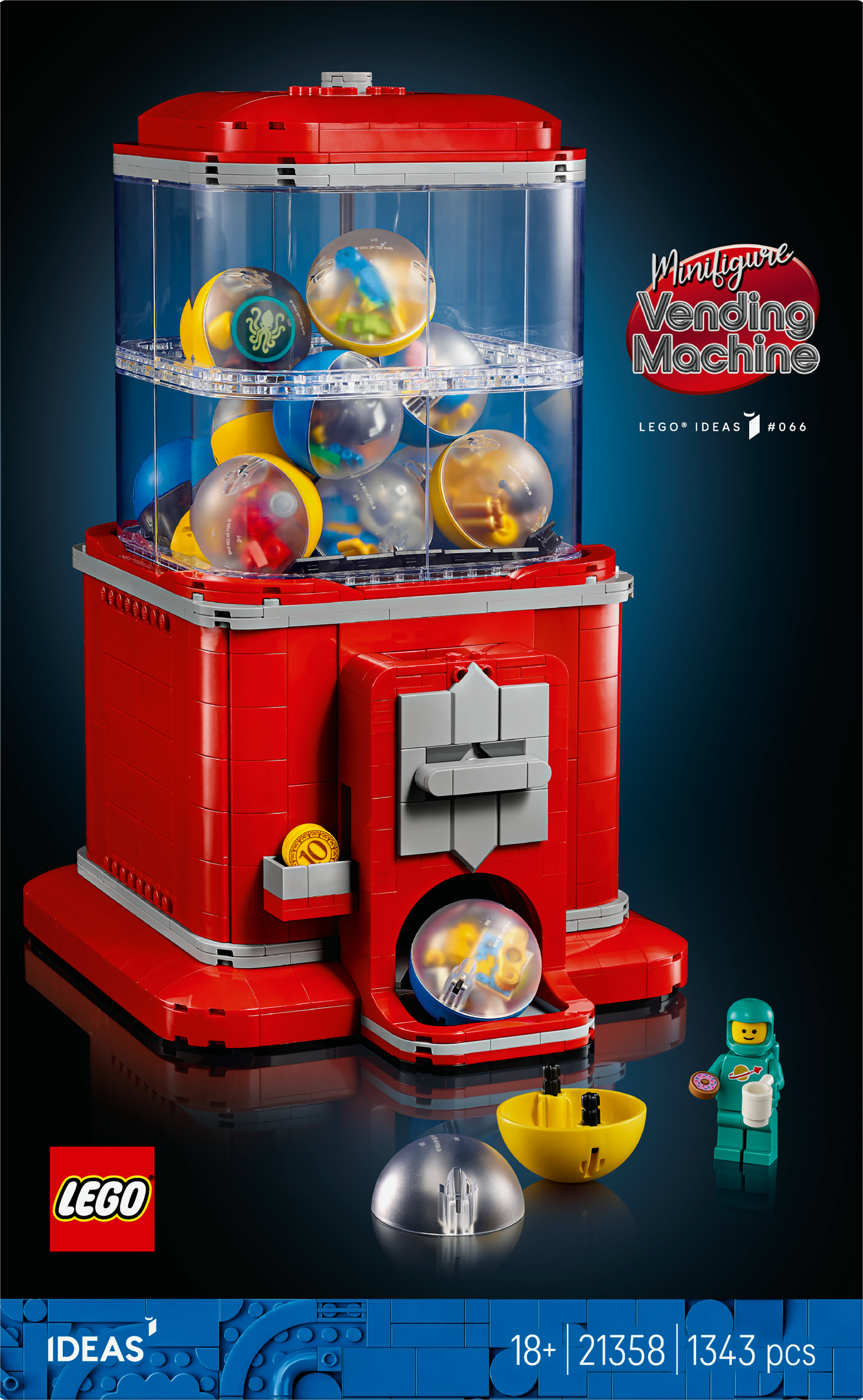 Zestaw Lego Minifigure Vending Machine. Czerwona podstawa i góra, przezroczysty środek z kapsułkami. Minifigurka astronauty z pączkiem.