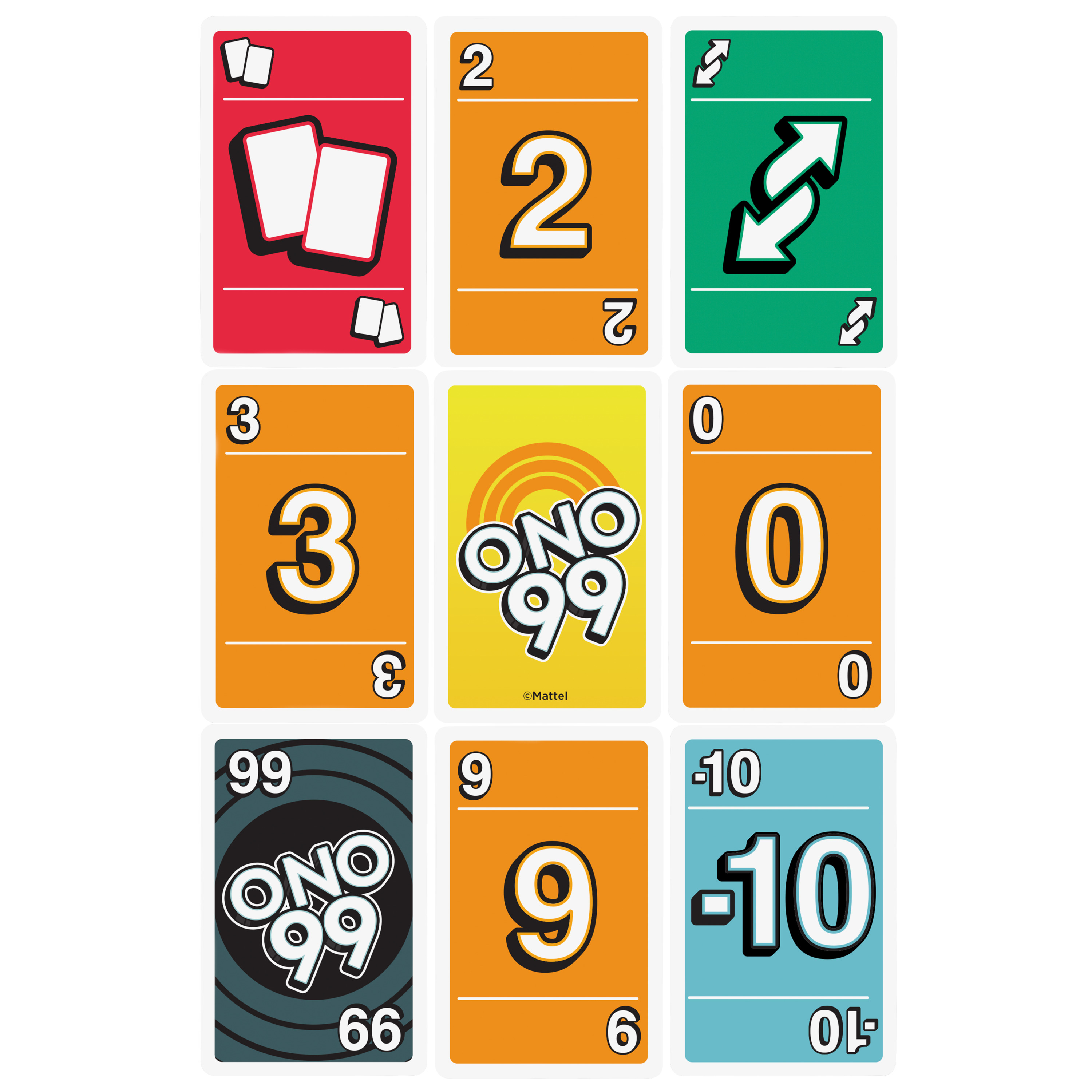 Neuf cartes Uno sont affichées, chacune montrant des chiffres ou des instructions, avec des couleurs variées comme le rouge, l'orange et le vert.