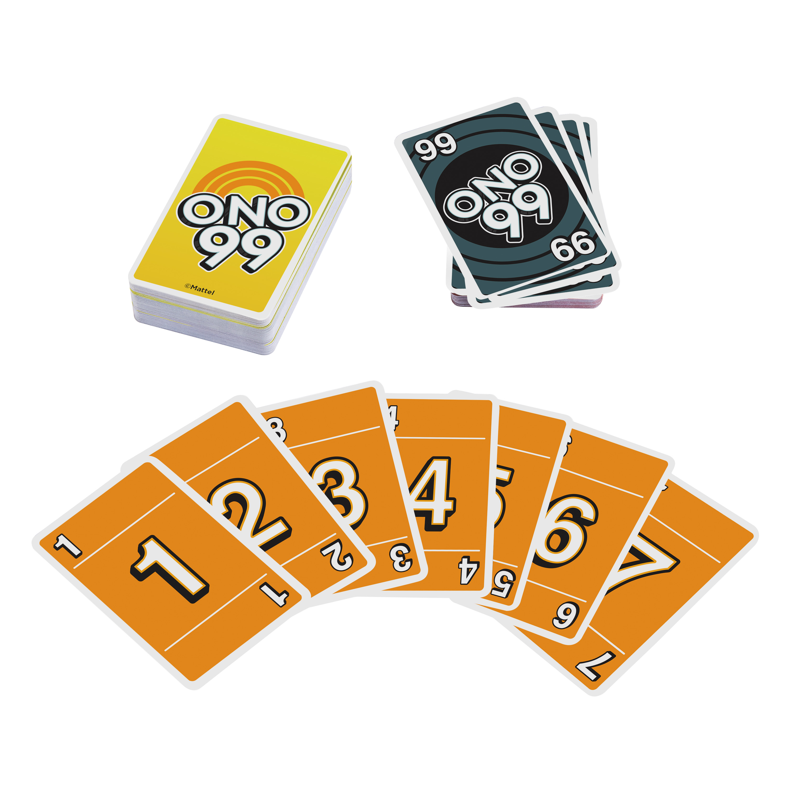 Un jeu de cartes UNO 99, avec plusieurs cartes visibles. Certaines cartes sont en éventail, avec les chiffres 1-7.
