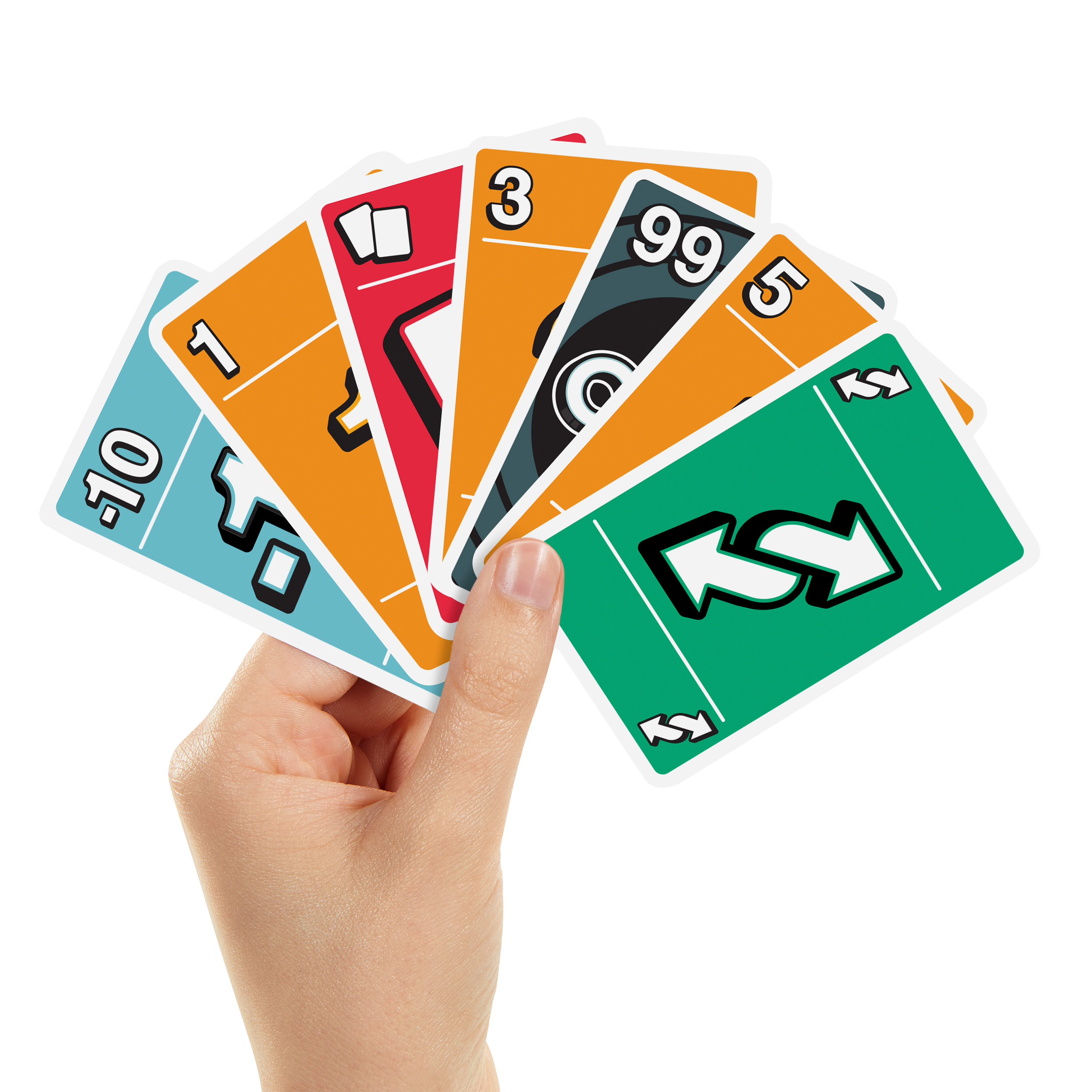 Une main tient un éventail de cartes Uno. Les cartes sont de couleurs variées avec des chiffres et des symboles.