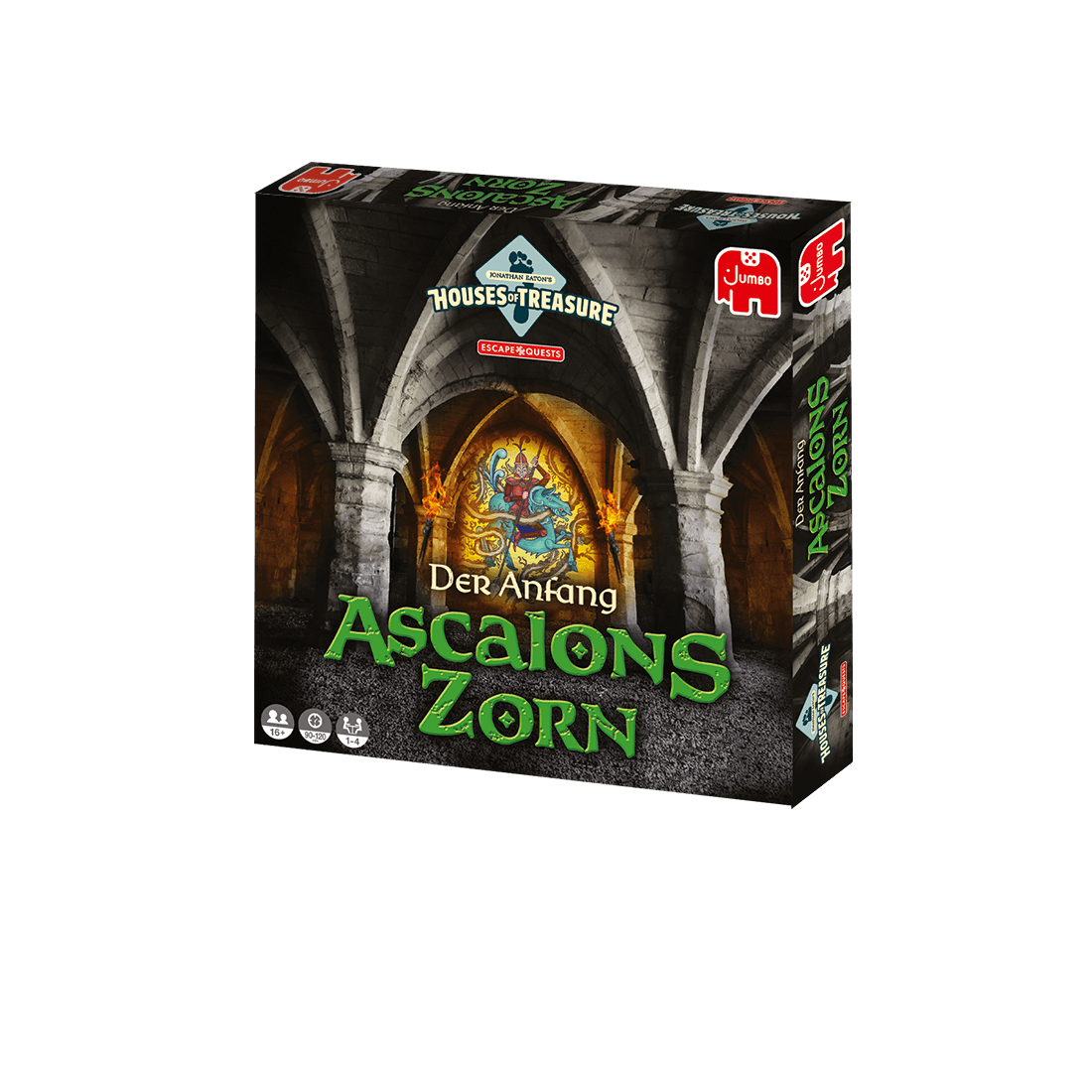 Spielbox mit dem Titel 'Ascalons Zorn' mit einem Bild eines Burginneren. Enthält das Logo 'Houses of Treasure' und das Jumbo-Logo.
