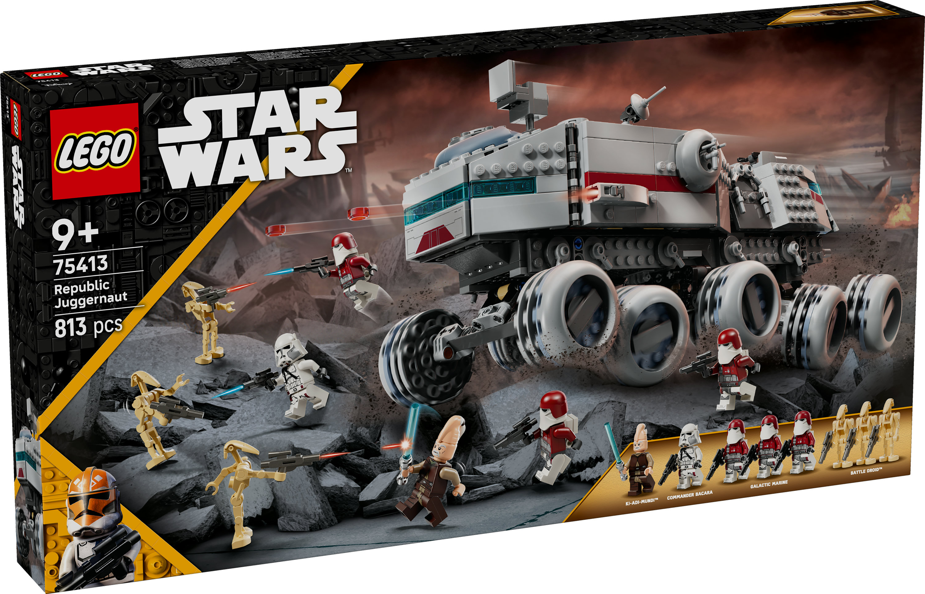 Pudełko zestawu Lego Star Wars. Zawiera Republic Juggernaut, minifigurki i logo Star Wars. Tło przedstawia scenę bitwy.