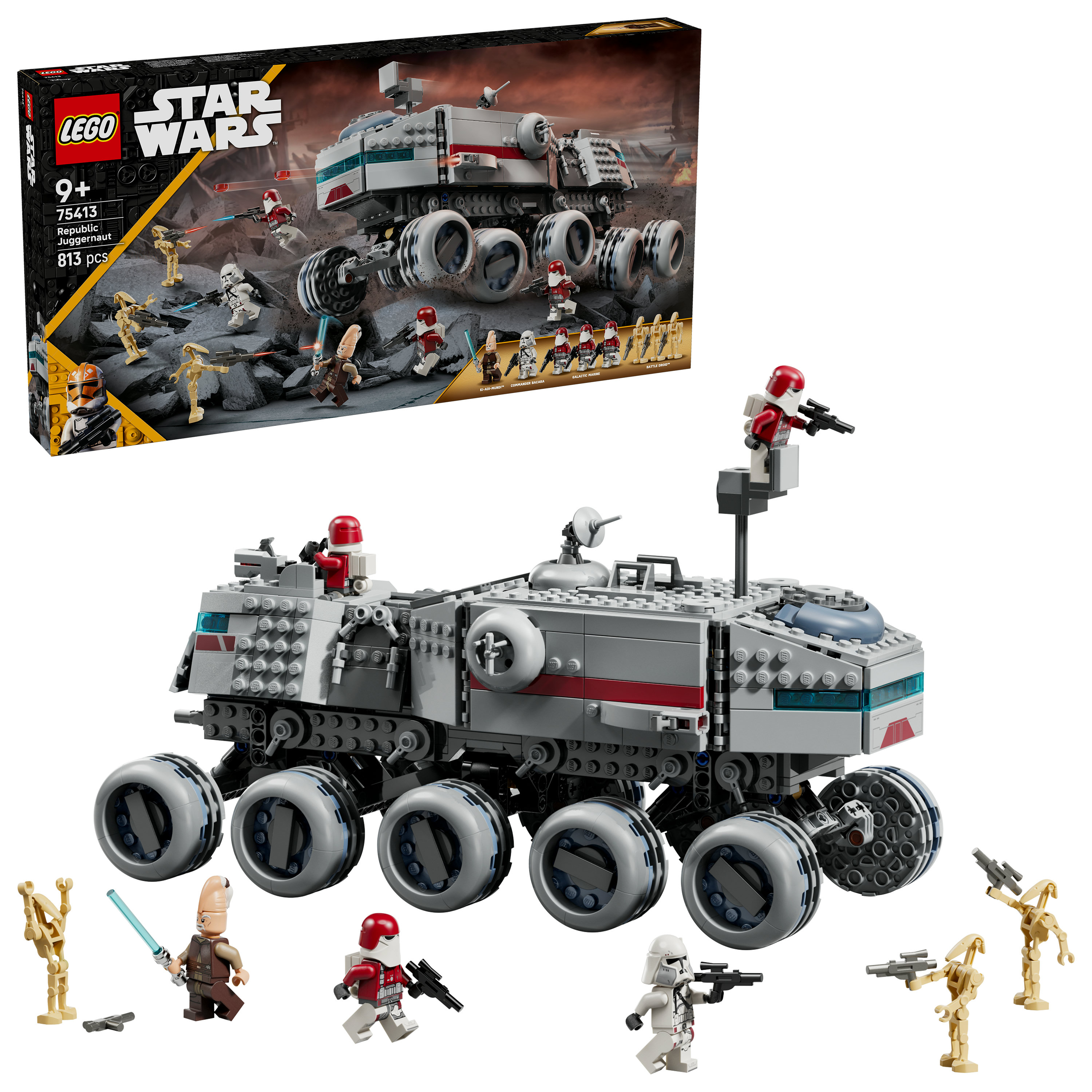 Zestaw Lego Star Wars Republic Juggernaut. Zawiera minifigurki i pudełko w tle.
