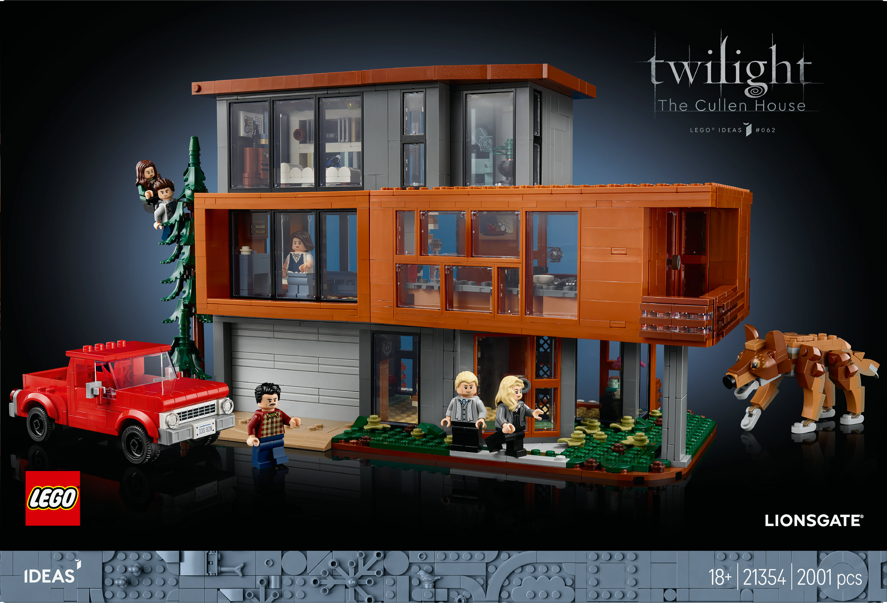 Zestaw Lego domu Cullenów z Zmierzchu. Zawiera czerwoną ciężarówkę, figurki i wilka. Dom jest brązowy i szary.