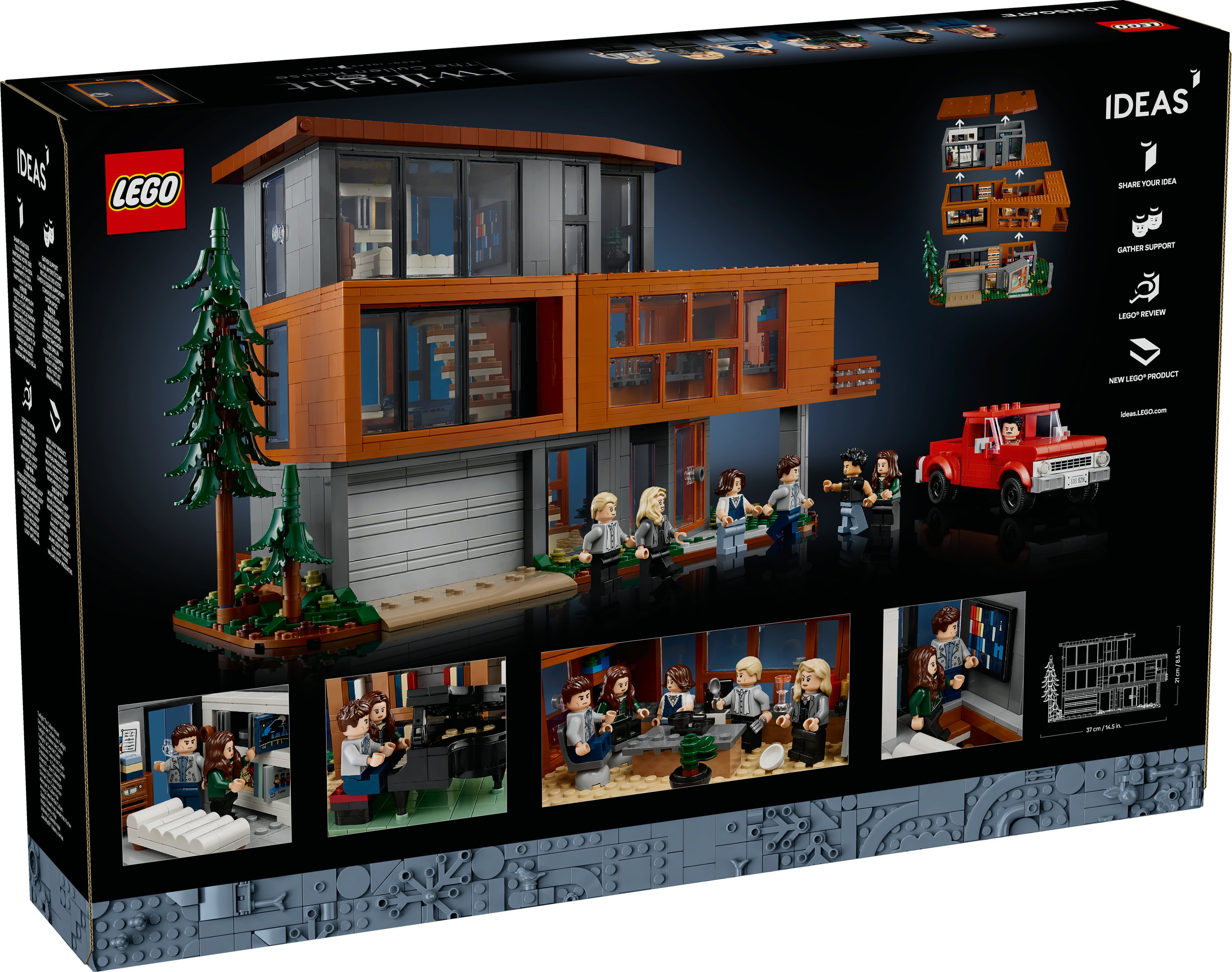 Zestaw Lego z nowoczesnym domem, minifigurkami, czerwoną ciężarówką i wysoką sosną.