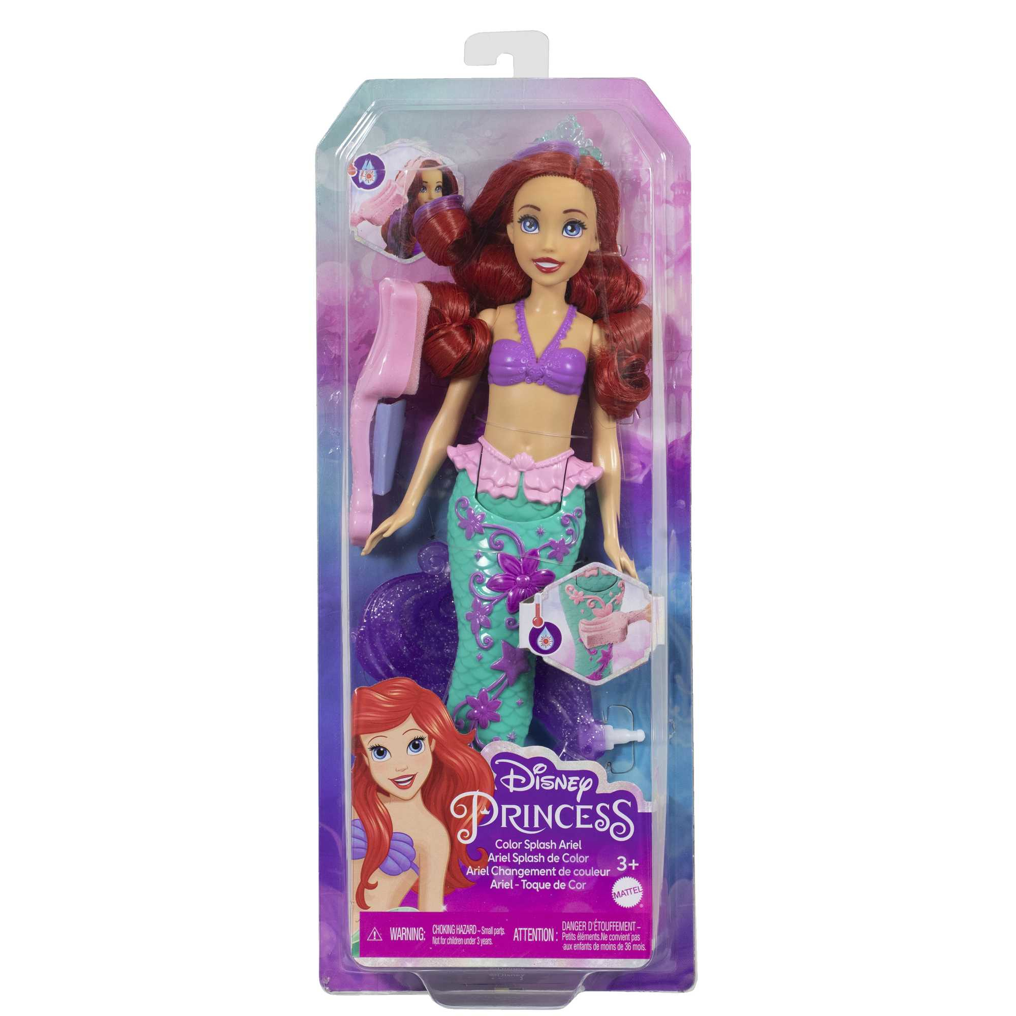 Ariel-Puppe in einer Box. Sie hat rotes Haar, ein lila Oberteil, einen grünen Schwanz und ist als Disney-Prinzessin gekennzeichnet.