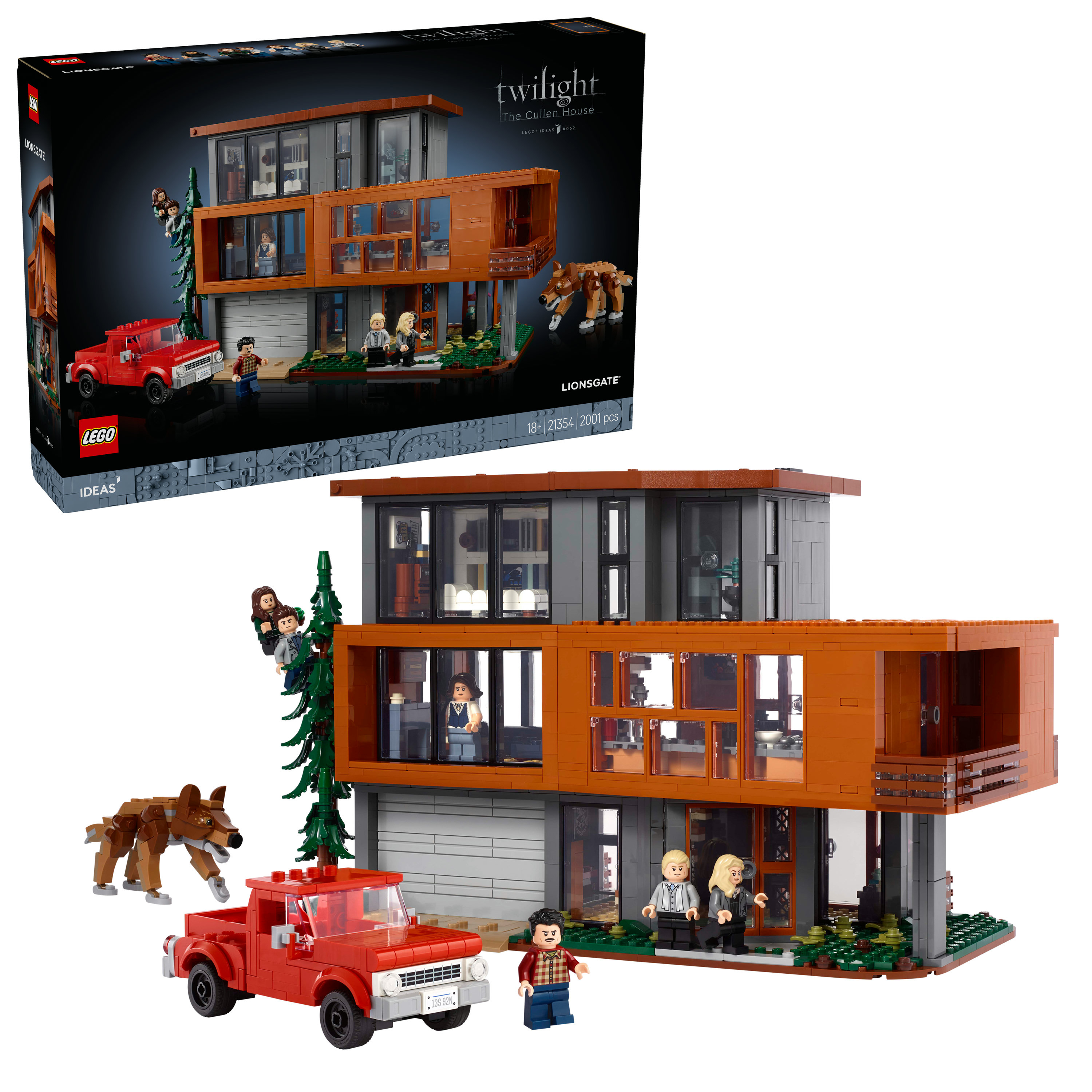 Zestaw Lego Twilight Cullen House. Zawiera figurki, czerwoną ciężarówkę i wilka. Pudełko jest u góry po lewej.