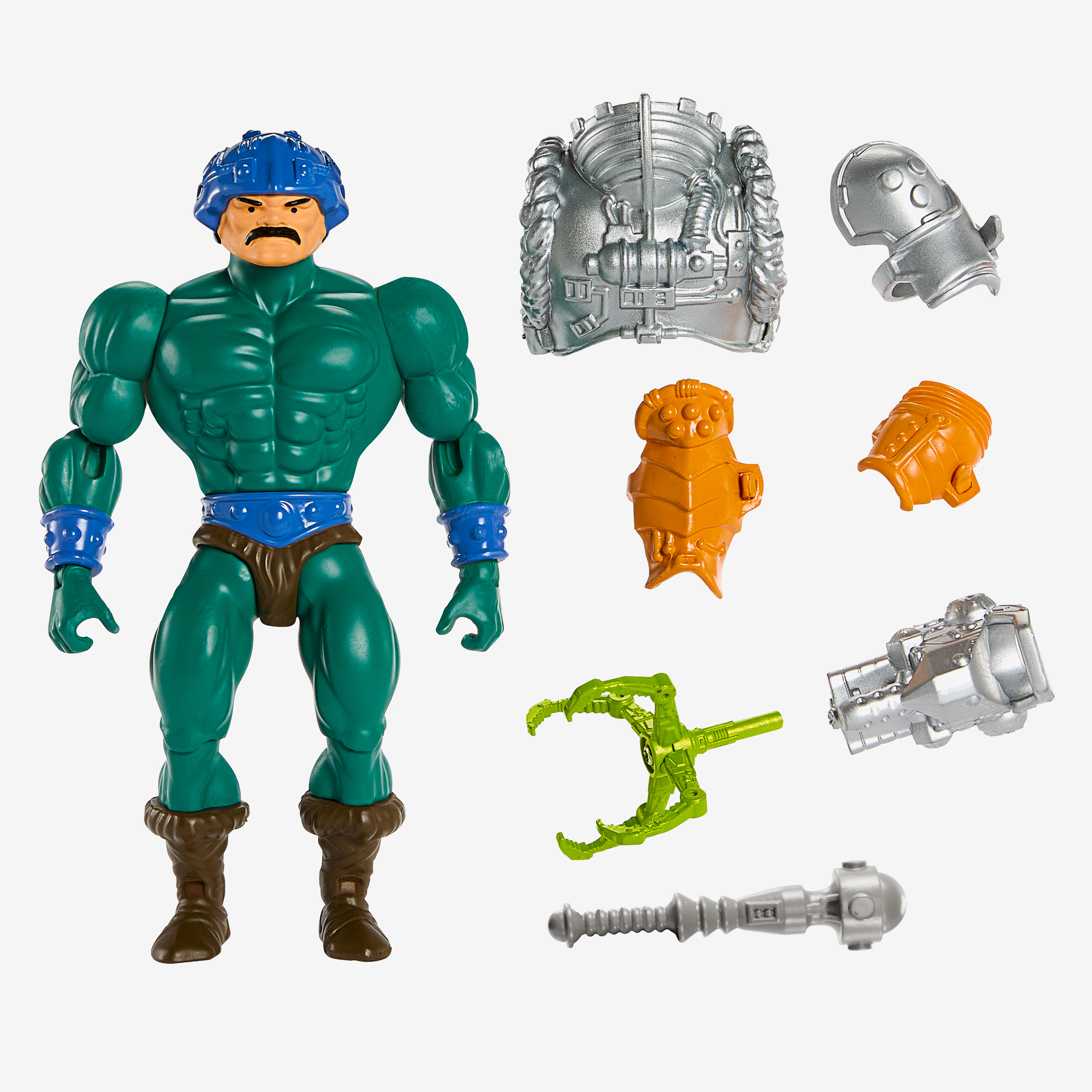 Una figura de acción verde con casco azul y accesorios. Incluye piezas de armadura, un arma y una herramienta de garra.