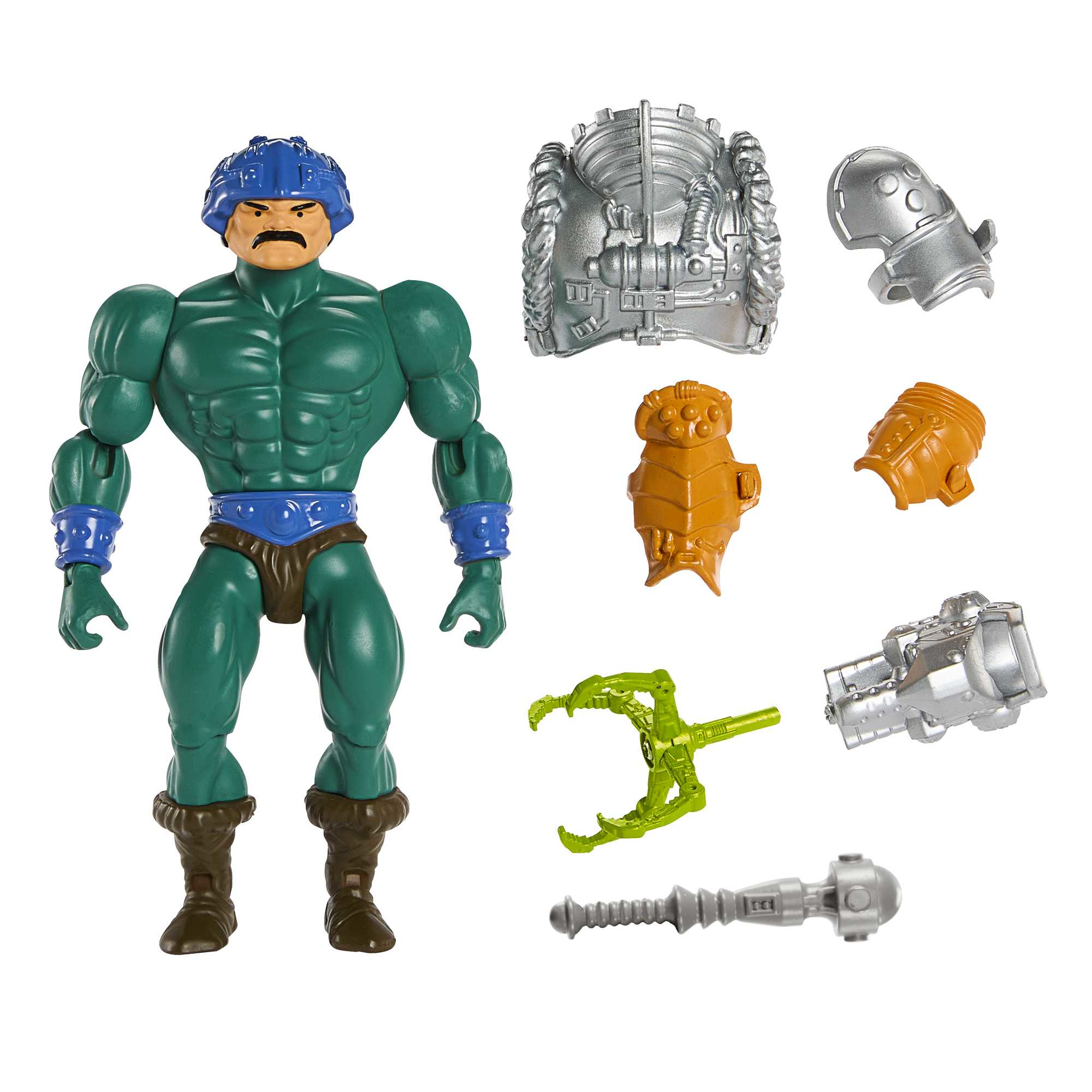 Una figura de acción verde con accesorios se muestra. Los accesorios incluyen armadura, garra, armas. La figura tiene un casco azul.
