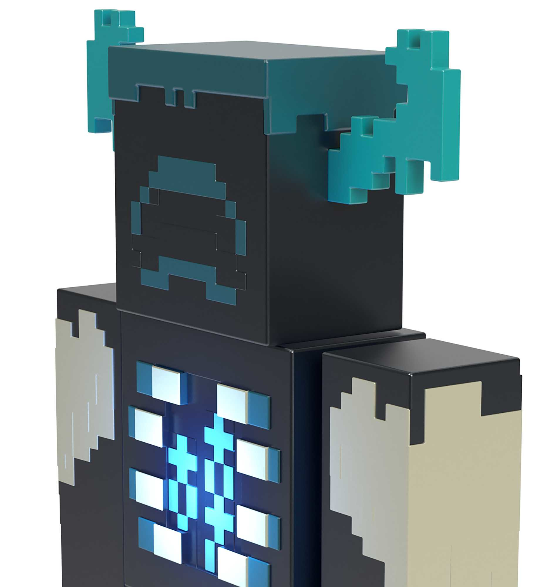Una figura de Minecraft Warden. Tiene características pixeladas negras y verde azulado. El cofre brilla en azul. Se alza sobre un fondo blanco.