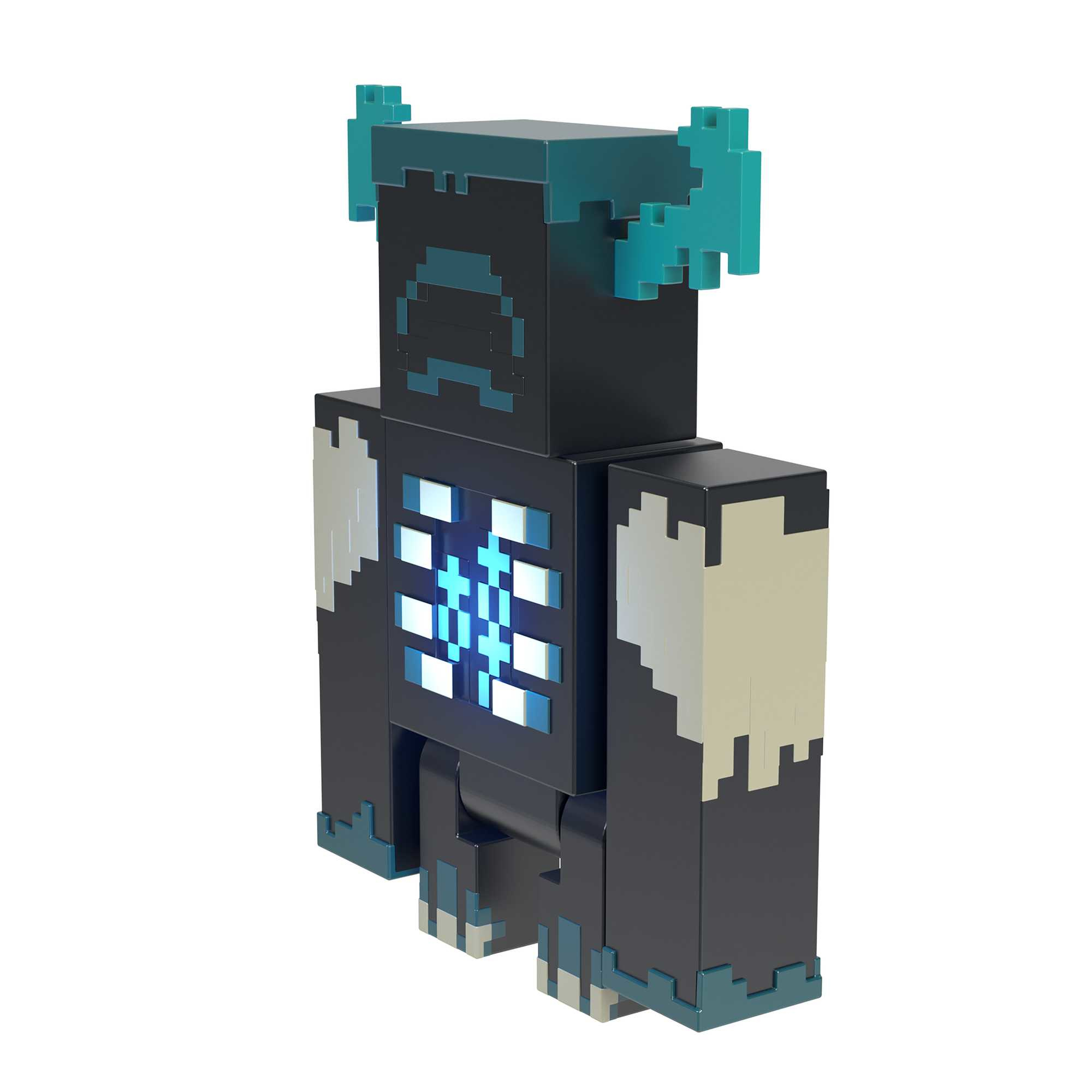 Una figura de Warden, un personaje de Minecraft, con diseño de bloques, cuerpo oscuro, detalles azules y pecho brillante sobre fondo blanco.