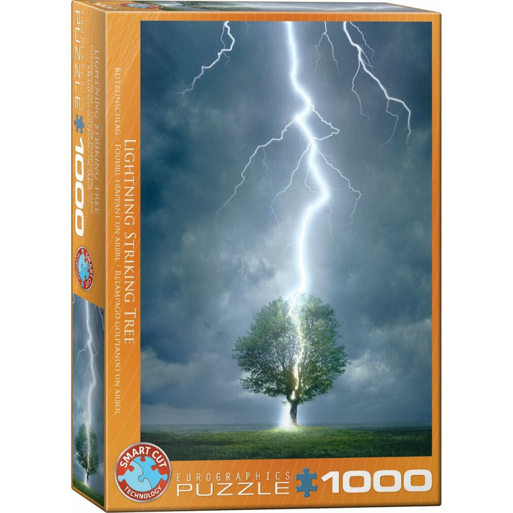 Puzzlebox mit Blitzschlag auf Baum. Dunkler Himmel mit Wolken. Titel: 'Lightning Striking Tree'.