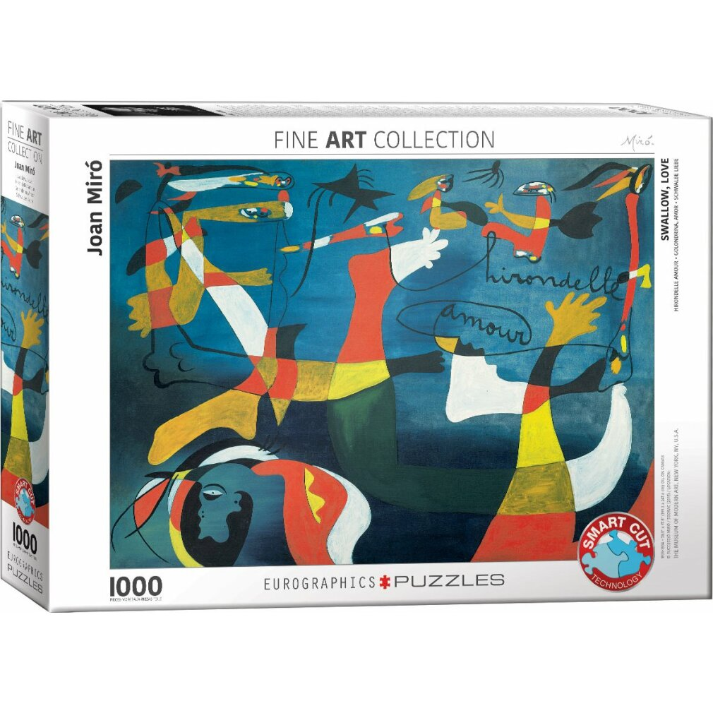 Eine Joan-Miró-Puzzledose. Die Kunst zeigt Figuren in Rot, Gelb und Weiß vor blauem Hintergrund, mit dem Wort 'amour'.