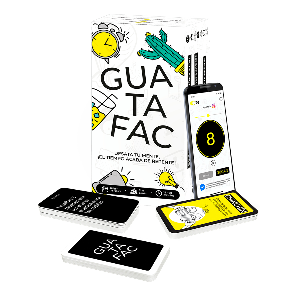 Una caja de juego, cartas y un teléfono con una cuenta regresiva. La caja dice 'GUA TA FAC'. Las cartas tienen texto. El teléfono muestra el número 8.