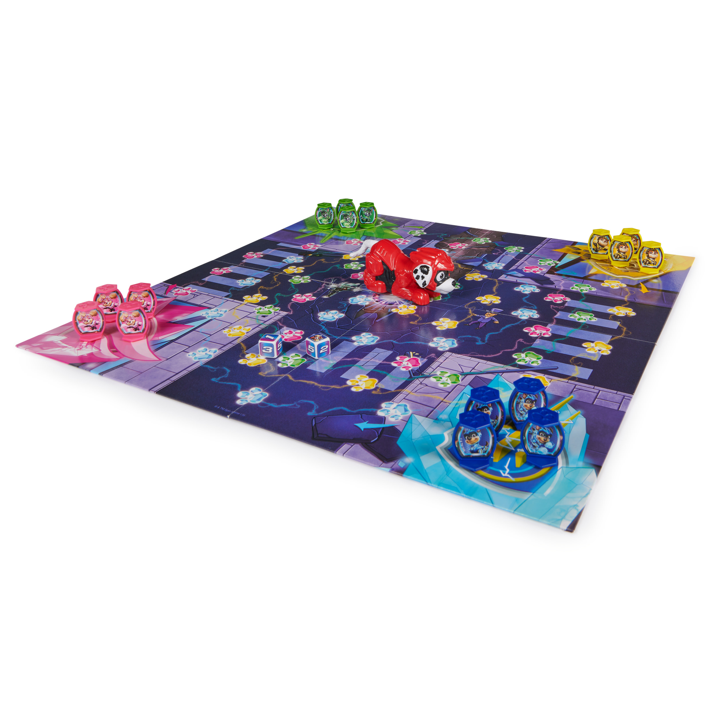 Paw Patrol Brettspiel mit bunten Spielfiguren und einer roten Hundefigur in der Mitte des Bretts.