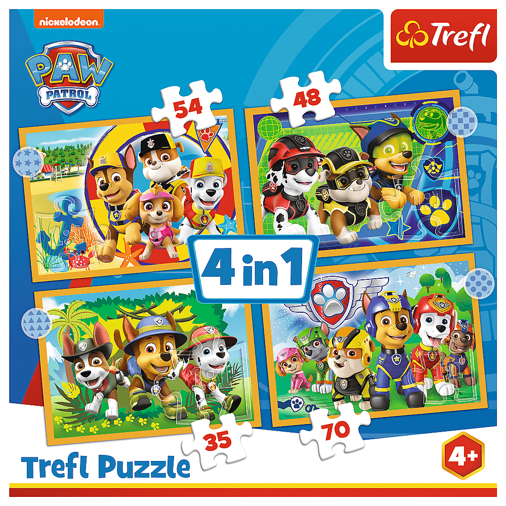 A Paw Patrol Trefl puzzle with four images of the characters, the puzzle pieces are numbered. The box has the Nickelodeon logo.
