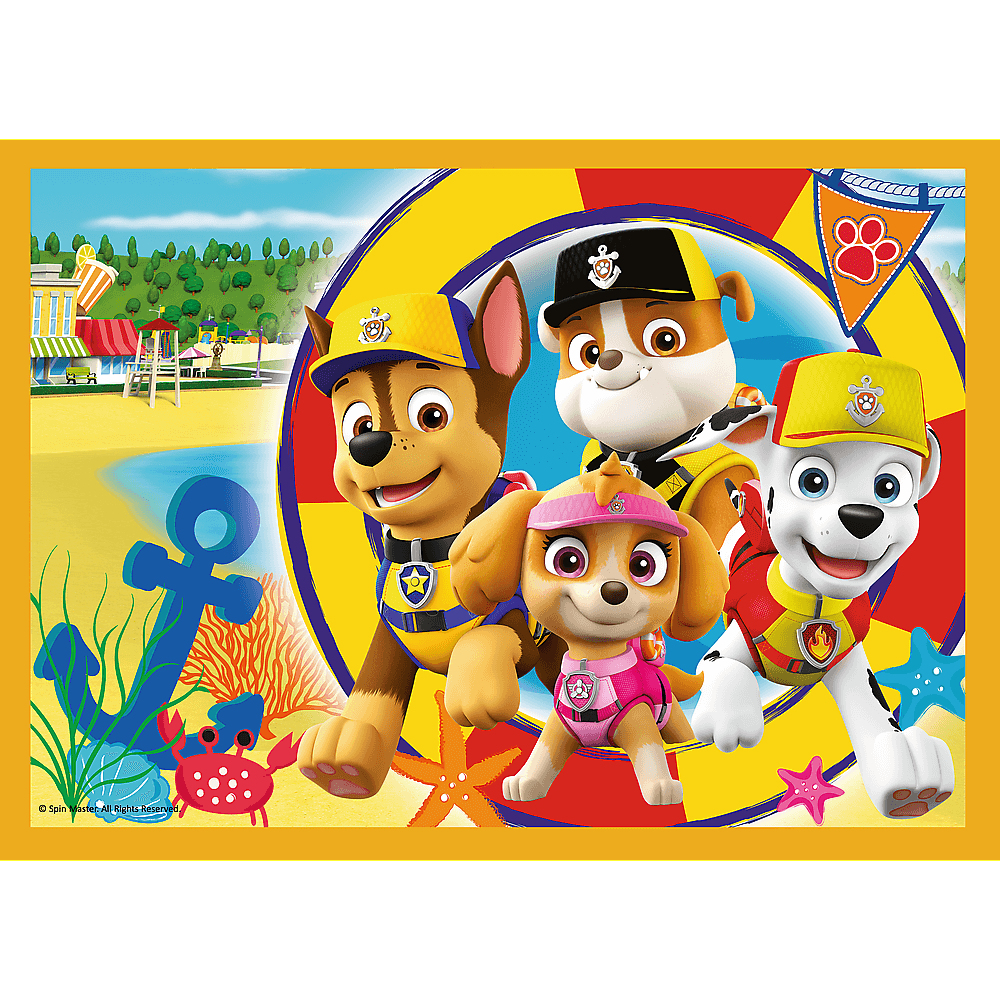 Paw Patrol characters on a beach scene. Chase, Marshall, Skye, and Rubble with a life ring, anchor, and crab.