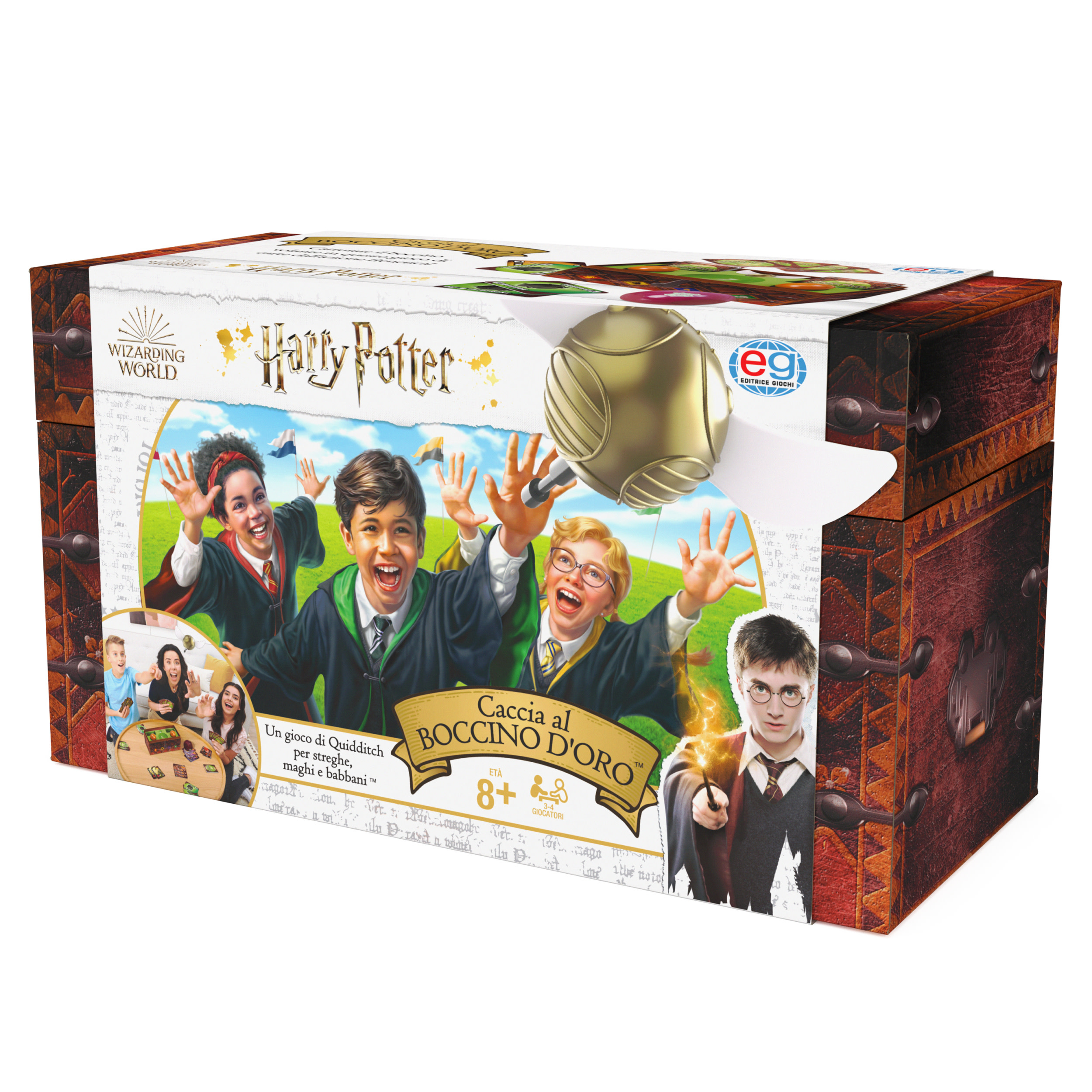 Pudełko gry planszowej Harry'ego Pottera. Zawiera złoty znicz, szczęśliwe dzieci, Harry'ego Pottera i skrzynię.