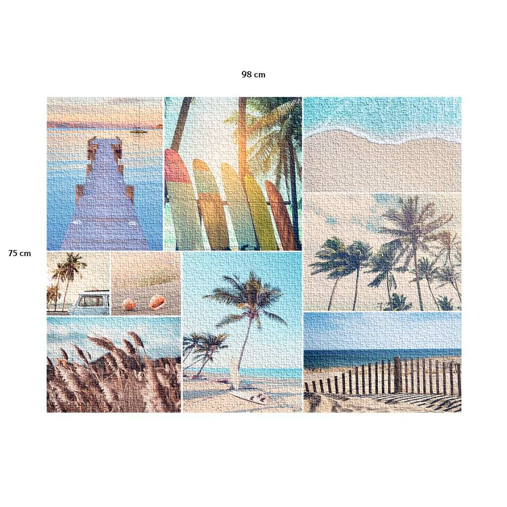 Puzzle z motywem plaży z różnymi panelami przedstawiającymi deski surfingowe, palmy, fale oceanu, molo i wydmy.