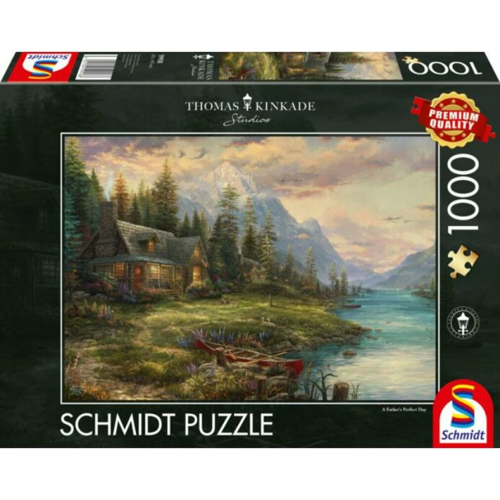 Une boîte de puzzle Thomas Kinkade. Elle montre une cabane près d'un lac avec des montagnes en arrière-plan. Le puzzle a 1000 pièces.