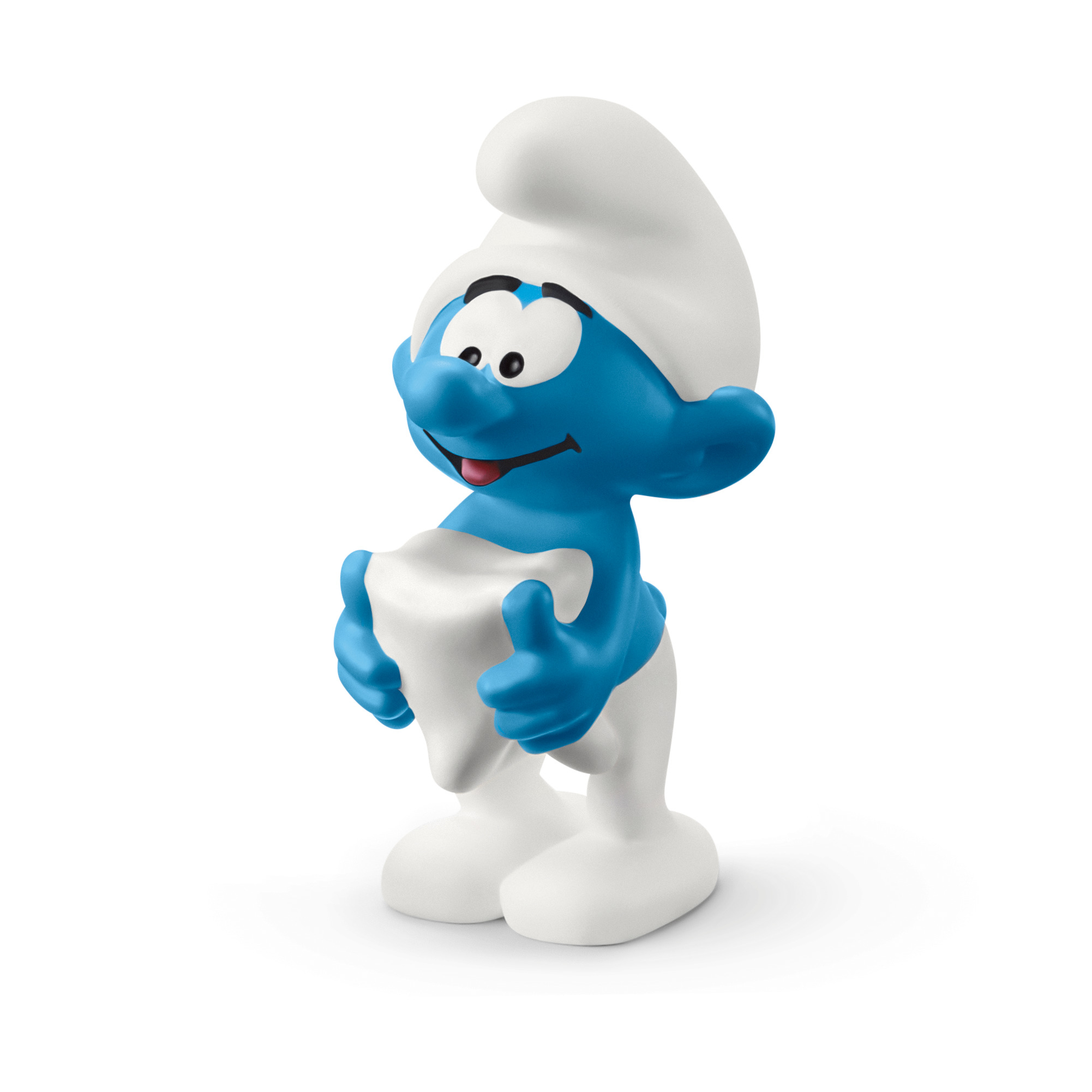 Eine Schlümpfe-Figur, blau mit weißer Mütze, hält einen Zahn. Er lächelt und streckt die Zunge heraus.