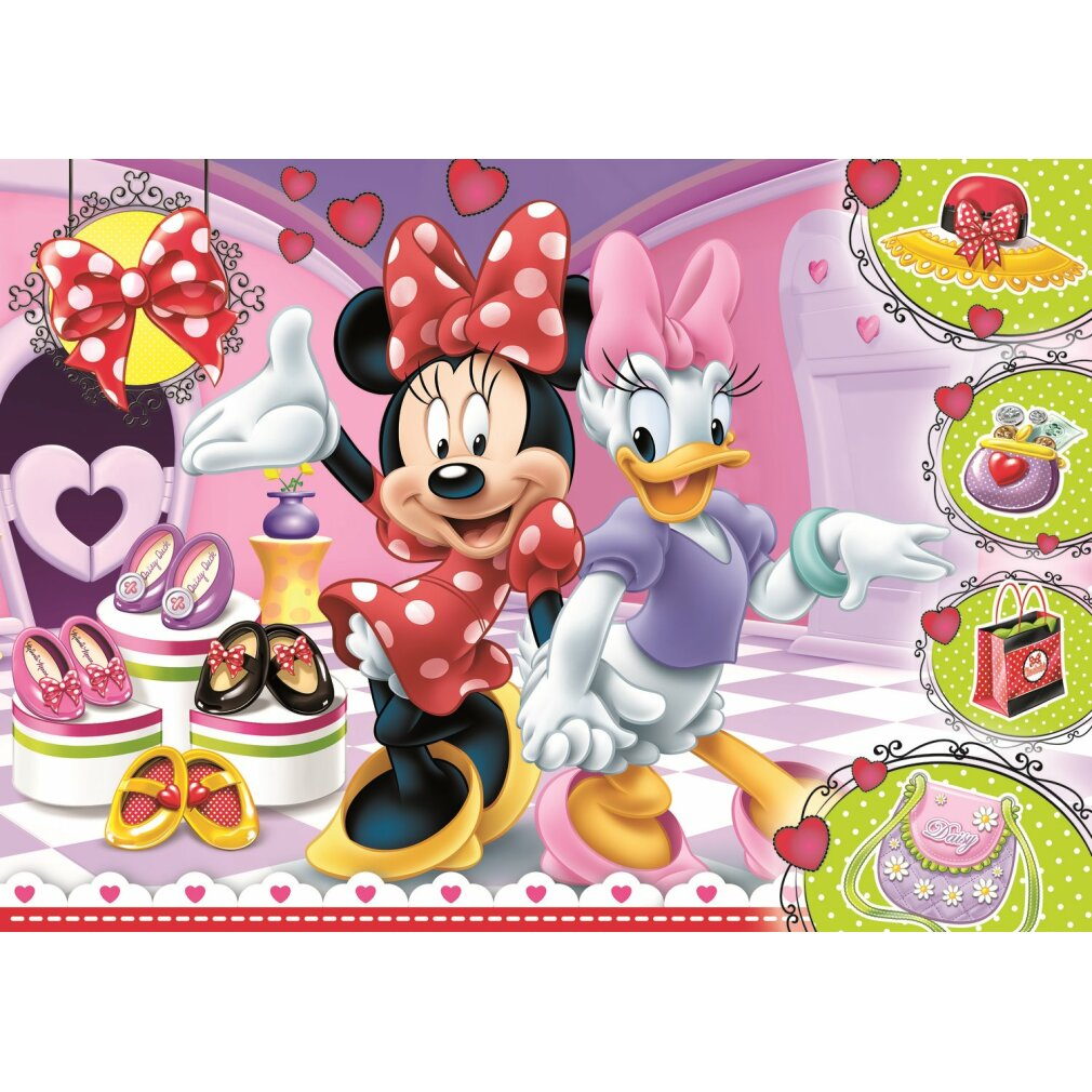 Minnie y Daisy Duck posando. Minnie viste un vestido rojo de lunares, Daisy viste de morado. Exhibición de zapatos en primer plano. Corazones y elementos de tienda.