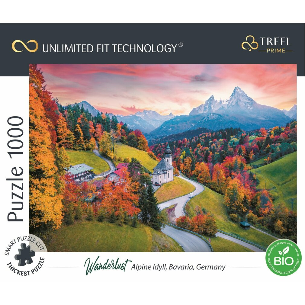 Une image de puzzle d'un paysage de montagne avec une église, des maisons, une route sinueuse et des arbres d'automne colorés.