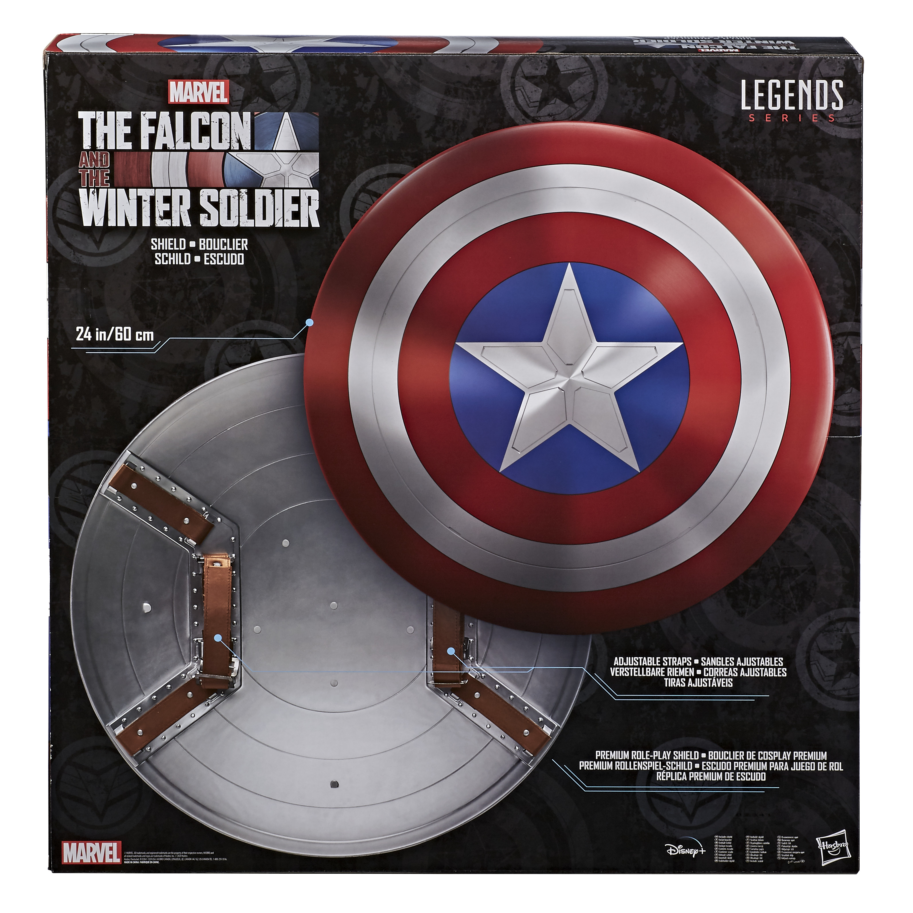 Kutuda Kaptan Amerika'nın kalkanı kırmızı, beyaz ve mavi renklerde gösteriliyor. Kutuda 'The Falcon and the Winter Soldier' yazıyor.