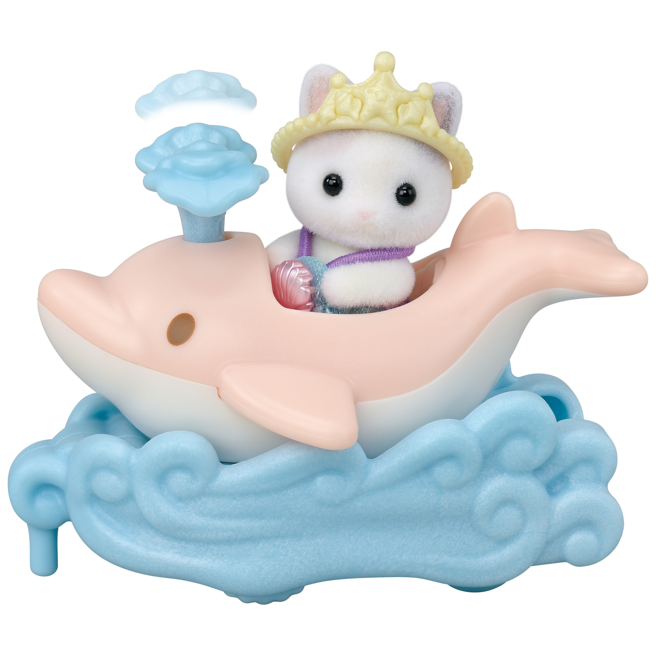 Un juguete de gato blanco en un bote de delfín rosa con corona amarilla, olas azules y un chorro de agua azul.