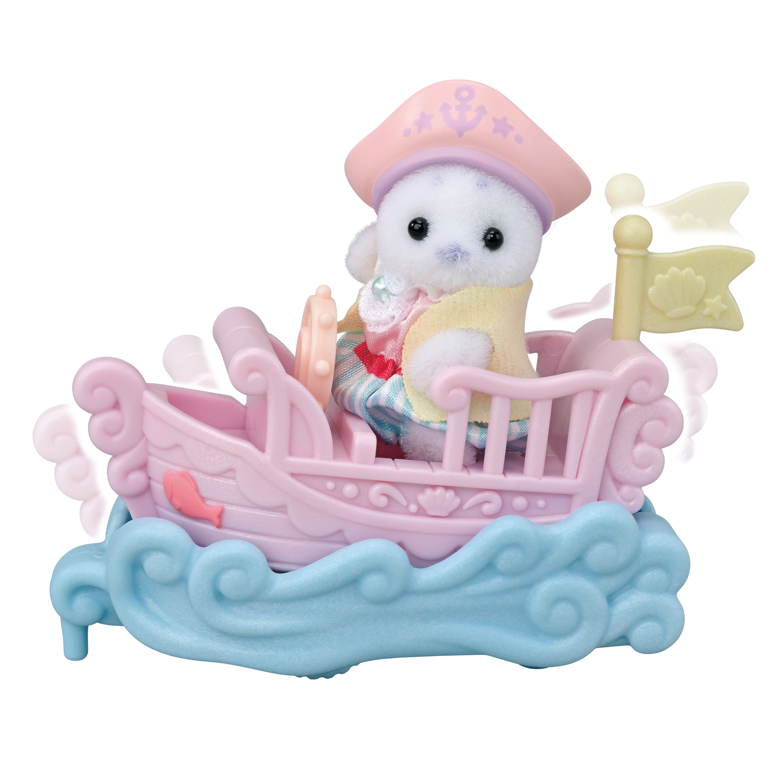 Un juguete de foca blanca con un sombrero de pirata rosa y un chaleco amarillo navega en un barco rosa sobre agua azul.