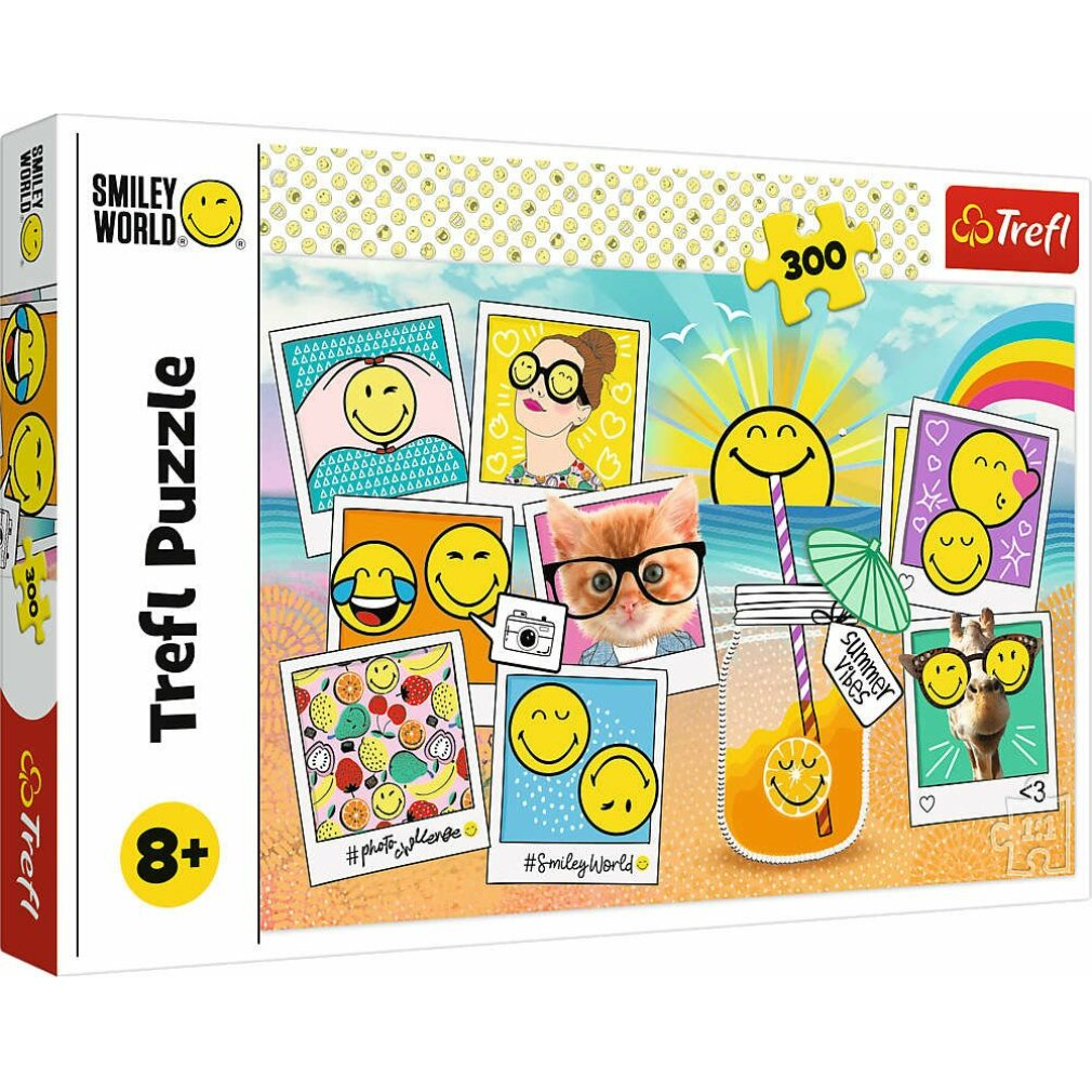 Puzzledose mit Smiley-Gesichtern, einer Katze mit Brille und einem Sommergetränk. Im Hintergrund sind Regenbogen und Sonne zu sehen.