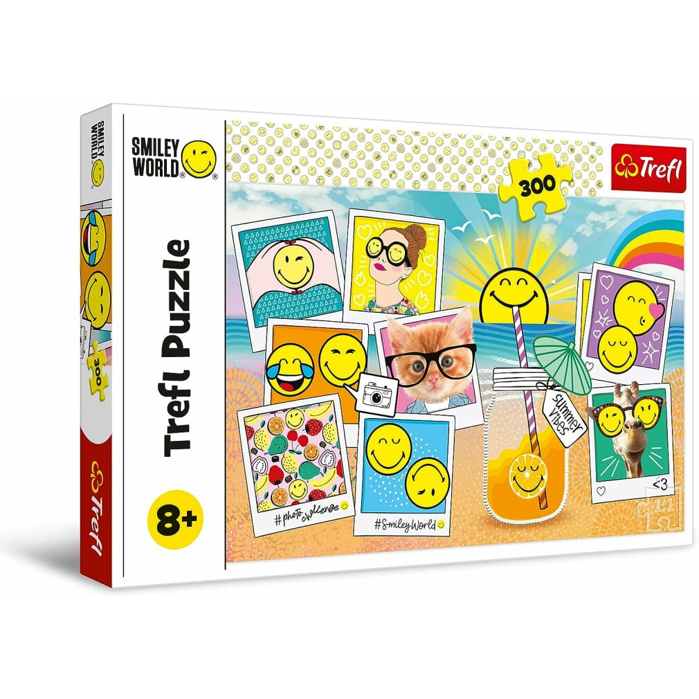Eine Trefl-Puzzledose mit Smiley-Gesichtern und einer Katze mit Brille. Auf der Box steht Trefl Puzzle 8+ und Smiley World.