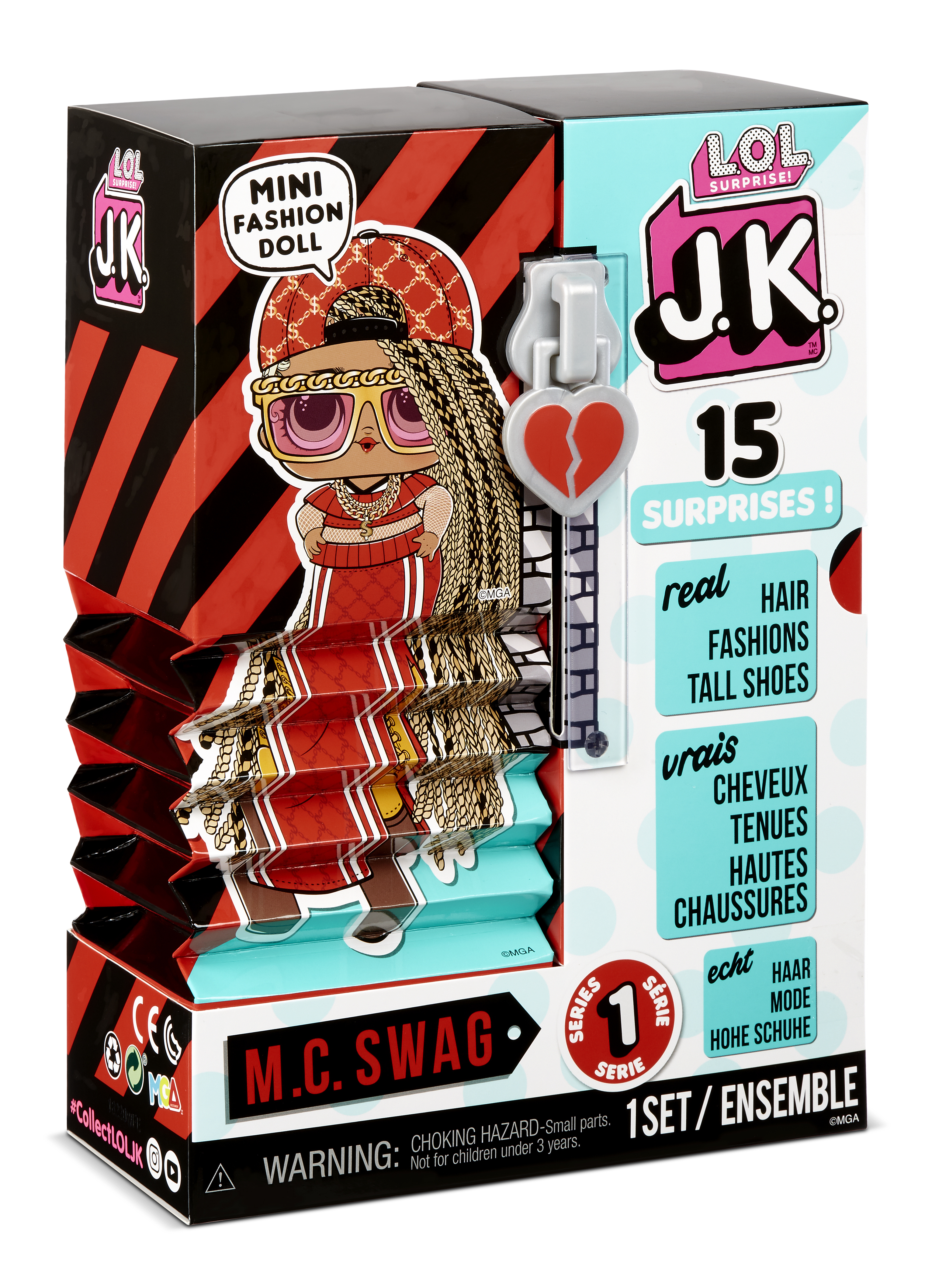 Pudełko z ilustracją lalki, czerwono-czarnymi paskami, zamkiem błyskawicznym i tekstem: 15 Niespodzianek, Prawdziwe Włosy, M.C. Swag.