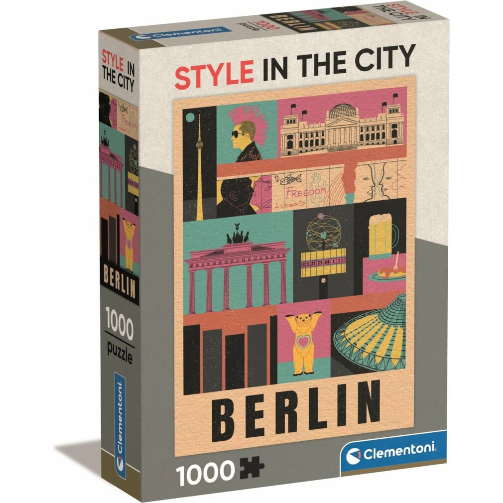 Pudełko z puzzlami o tematyce berlińskiej. Zawiera ilustracje zabytków, punka i słowo "BERLIN".