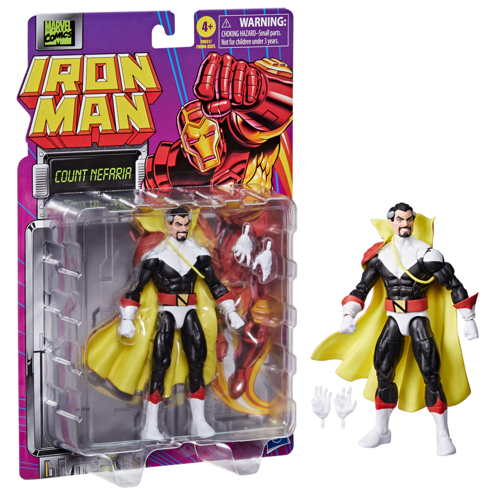 Iron Man Count Nefaria aksiyon figürü ambalaj içinde ve dışında. Figür siyah, beyaz ve sarı. Ambalajda Iron Man grafikleri var.