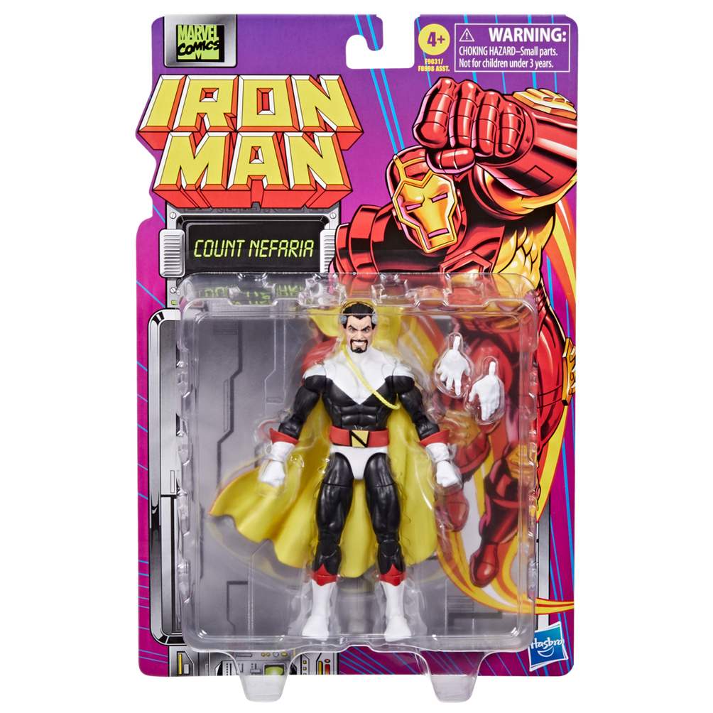 Ambalajında Iron Man Count Nefaria aksiyon figürü. Figür siyah, beyaz ve sarıdır. Arka plan Iron Man sanat eserlerini gösteriyor.