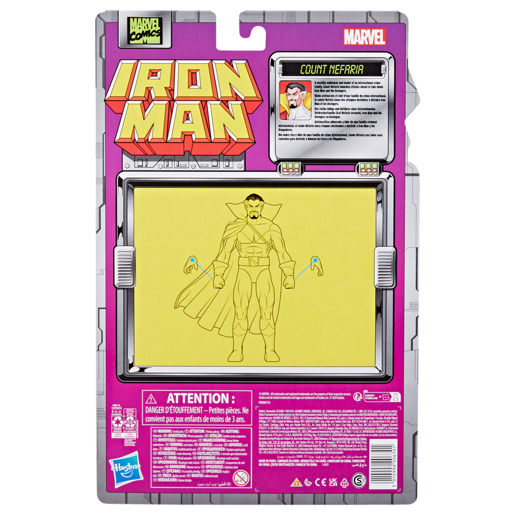 Iron Man aksiyon figürü ambalajı. Pembe arka plan üzerinde Kont Nefaria ve Iron Man logosu yer alıyor.