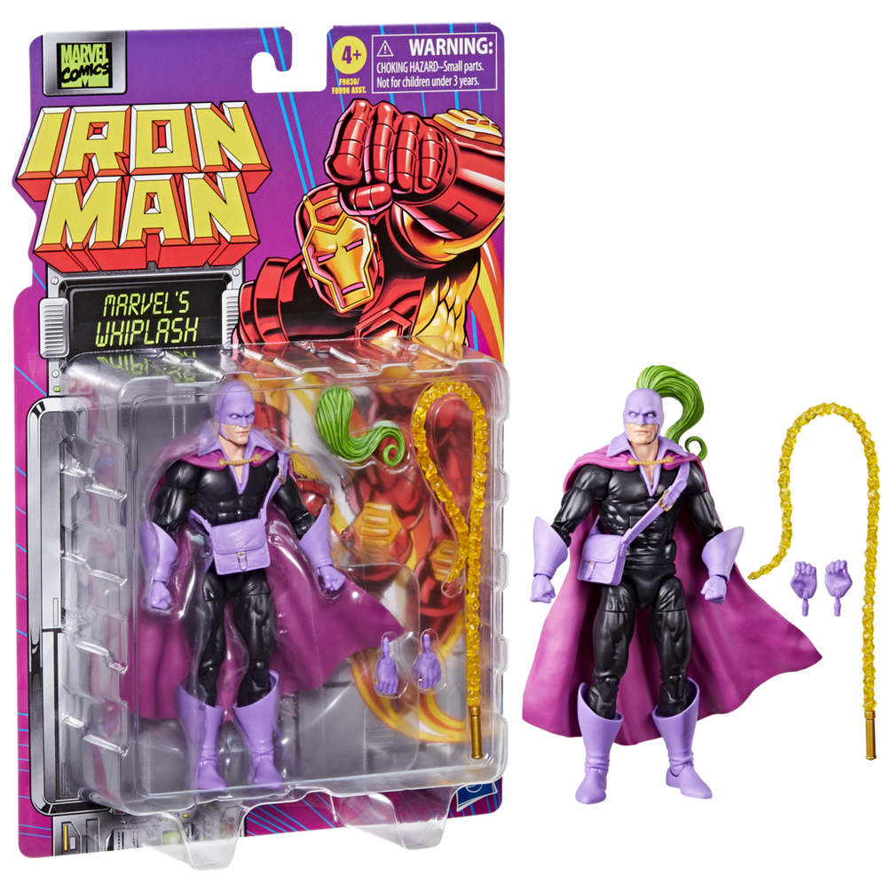 Iron Man Marvel's Whiplash aksiyon figürü, paketlenmiş ve gevşek. Figür mor maske, pelerin ve kırbaç içerir. Ambalajda Iron Man sanatı yer almaktadır.
