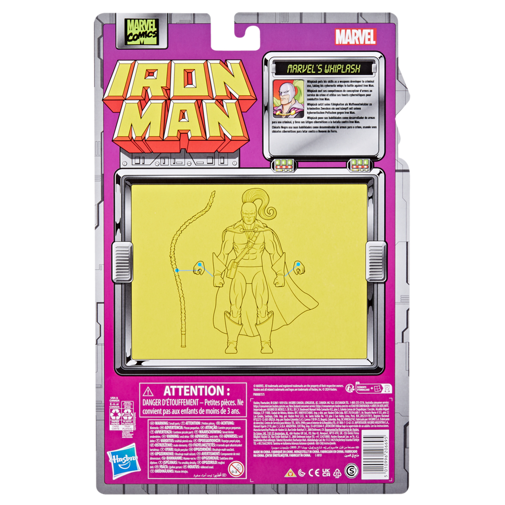 Iron Man oyuncak ambalajının arkası. Whiplash figürünün ana hatları, Marvel logosu ve uyarı etiketleri yer alıyor.