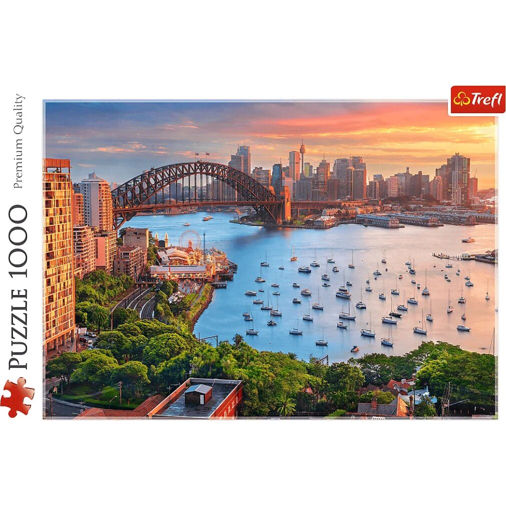 Sydney Harbour Bridge con barche, paesaggio urbano e skyline al tramonto. Un'immagine di puzzle.