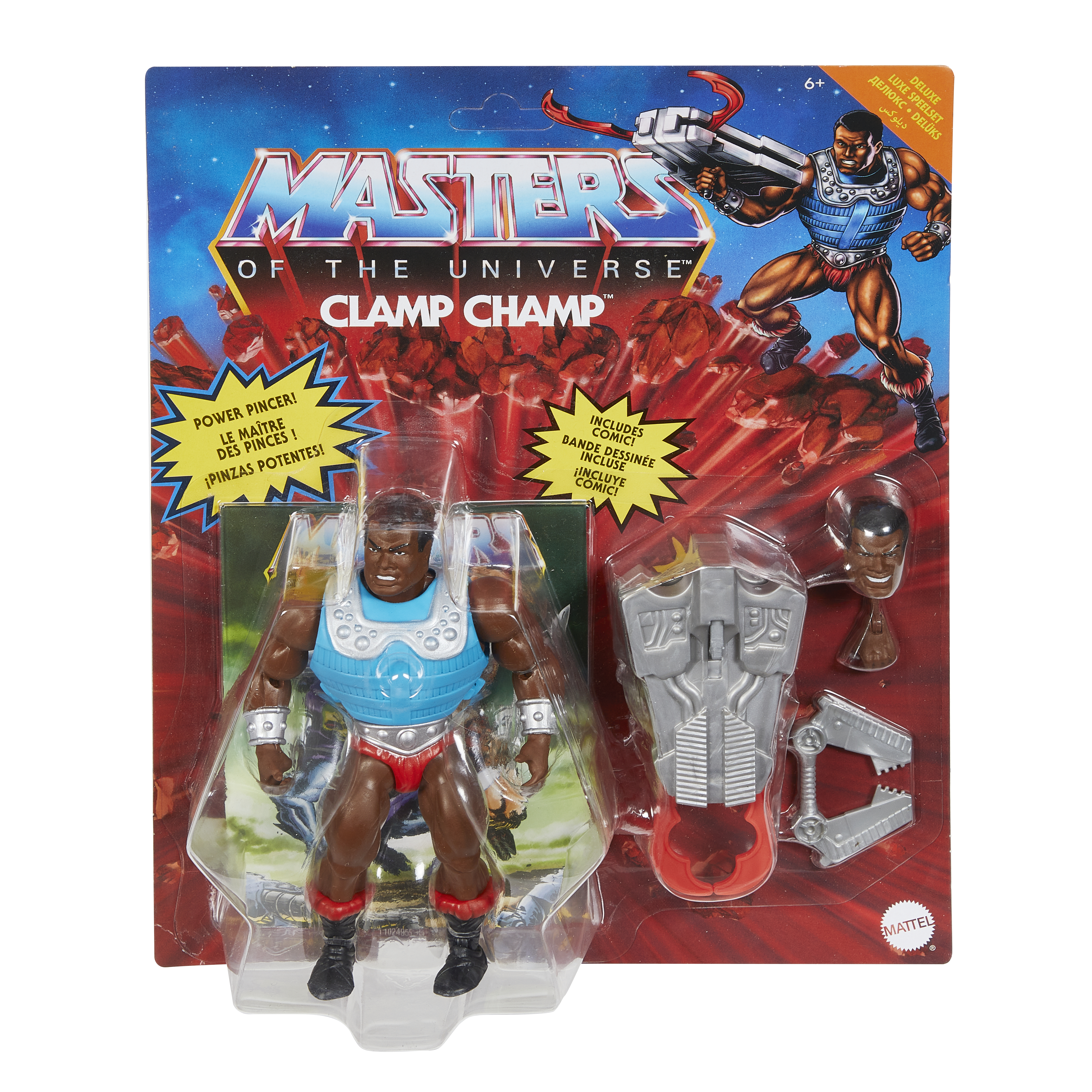 Clamp Champ-Actionfigur in der Verpackung, ein Masters of the Universe-Spielzeug. Der Hintergrund zeigt ein rotes und blaues Design.