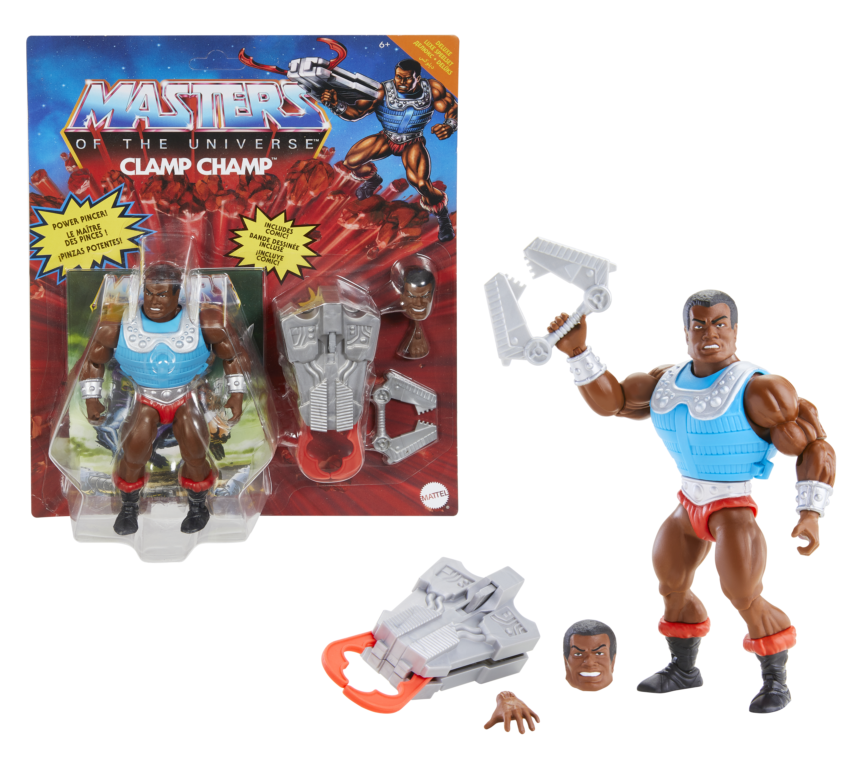 Clamp Champ-Actionfigur mit Zubehör. Die Verpackung zeigt die Figur in Aktion.