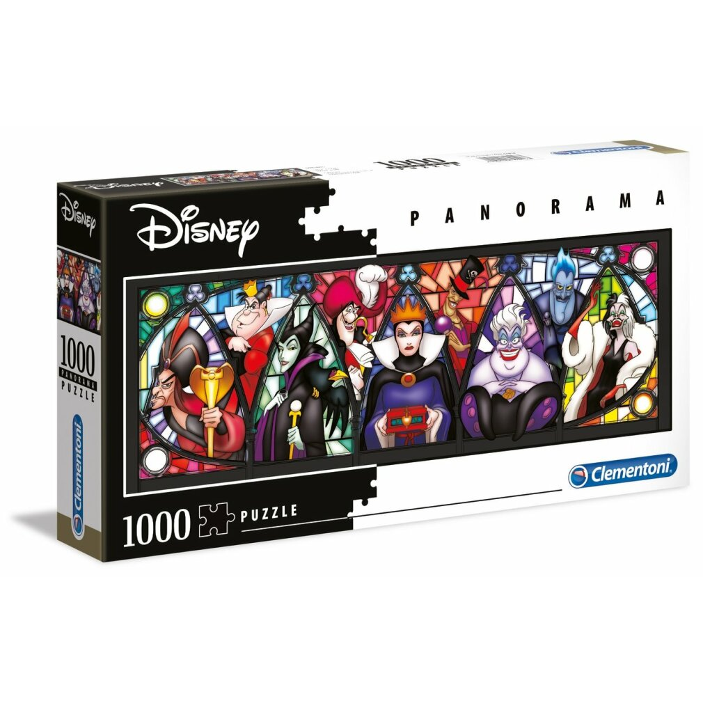 Una caja de rompecabezas panorámico Disney de 1000 piezas, con villanos de Disney en un estilo de vidriera. La caja es blanca y negra.