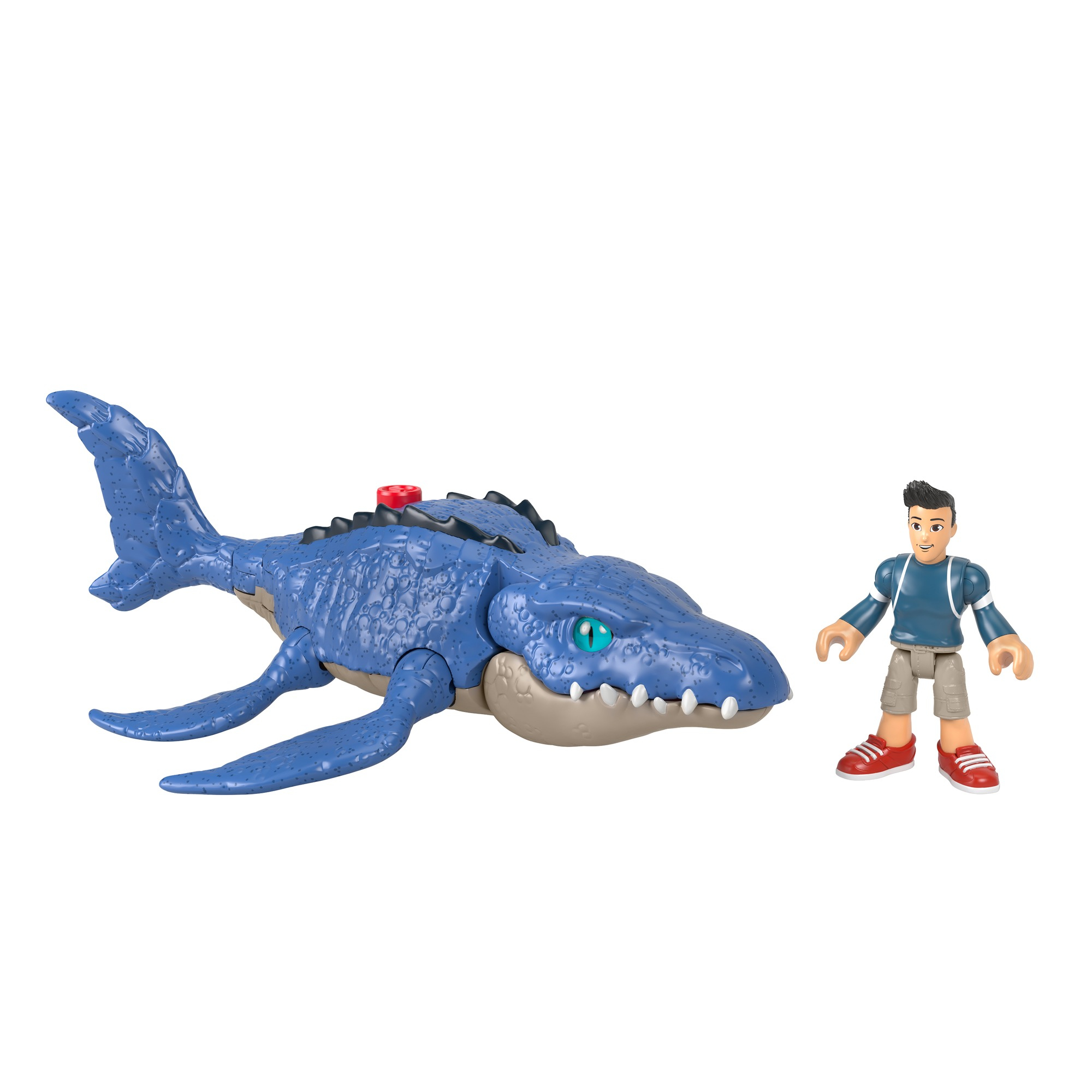 Niebieska zabawka Mosasaurus i ludzka figurka na białym tle. Mosasaurus stoi obok figurki.