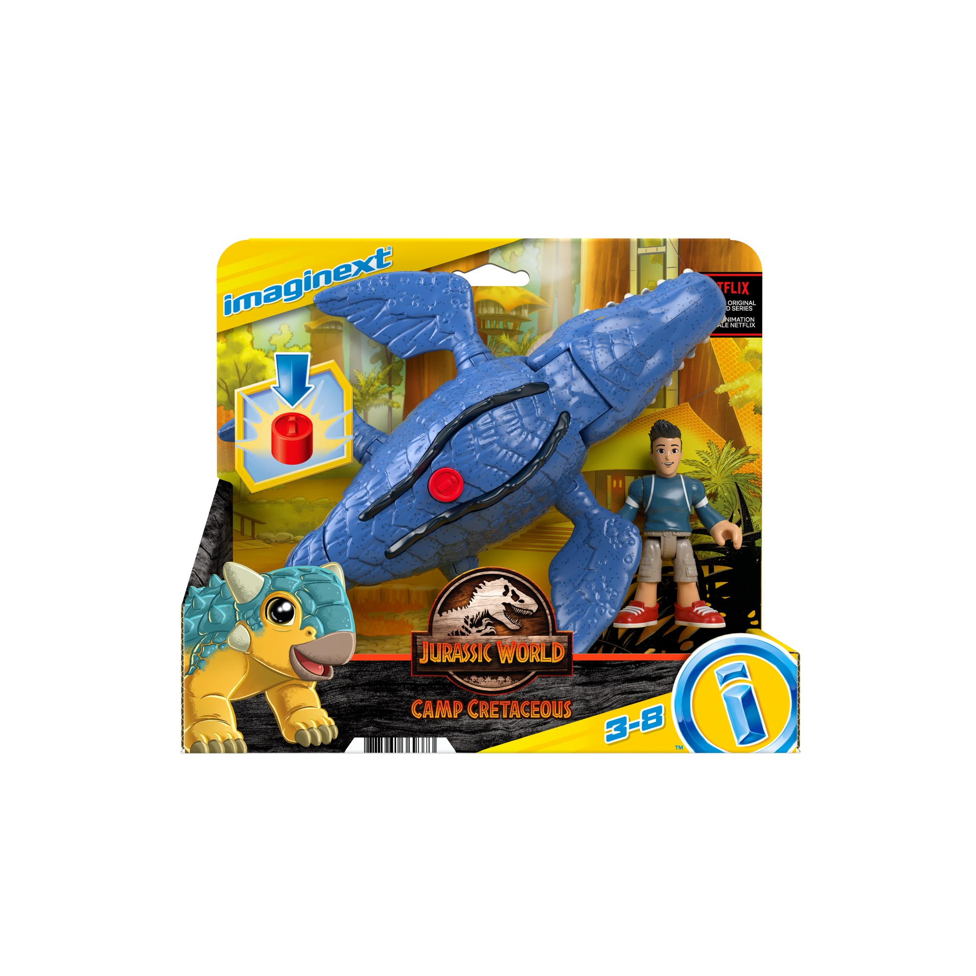 Zestaw zabawek Jurassic World Imaginext. Zawiera niebieskiego dinozaura, figurkę chłopca i żółtego dinozaura. Na opakowaniu widnieje logo.